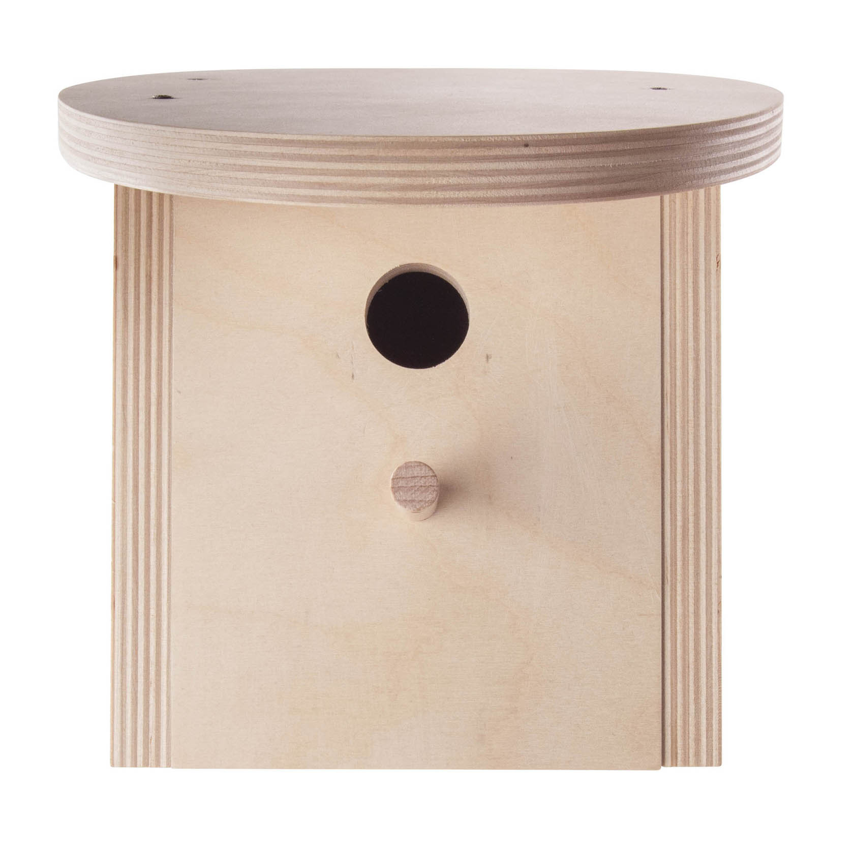 Ein einfaches, unlackiertes, hölzernes Vogelhaus mit rundem Eingang und kleinem Sitzstab darunter. im Dregeno Online Shop günstig kaufen