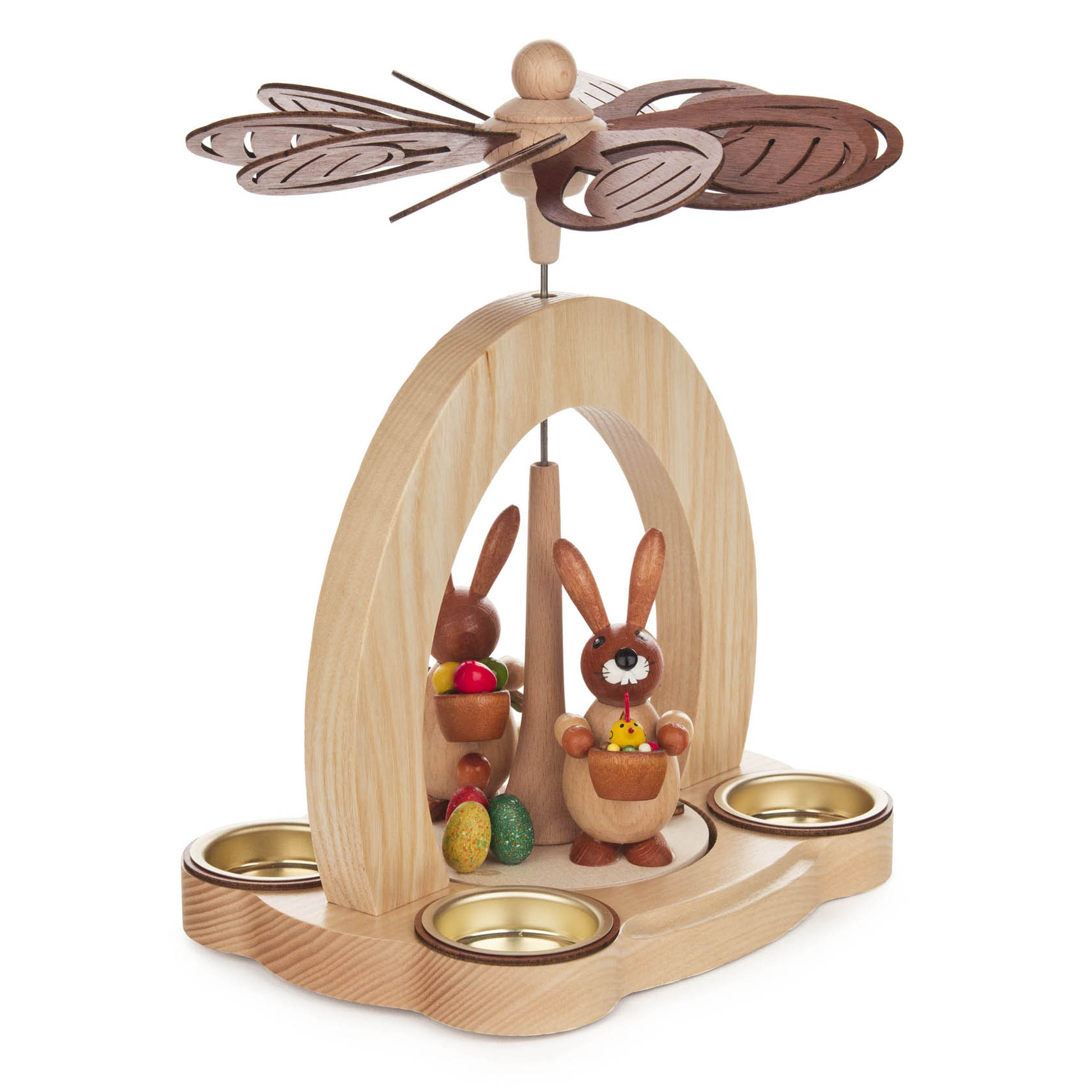 Wooden pyramid tea light holder with two decorative rabbits, one holding a basket of colorful eggs, and spaces for three tea lights.