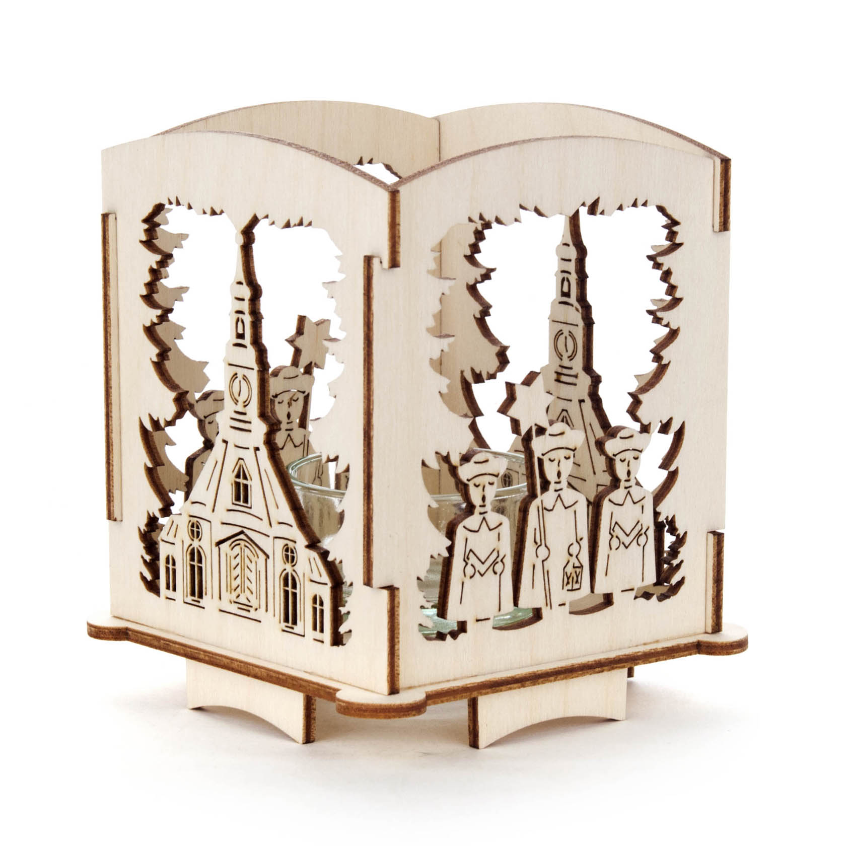 Wooden tealight holder featuring cut-out designs of Seiffen Church and three traditional carol singers. im Dregeno Online Shop günstig kaufen