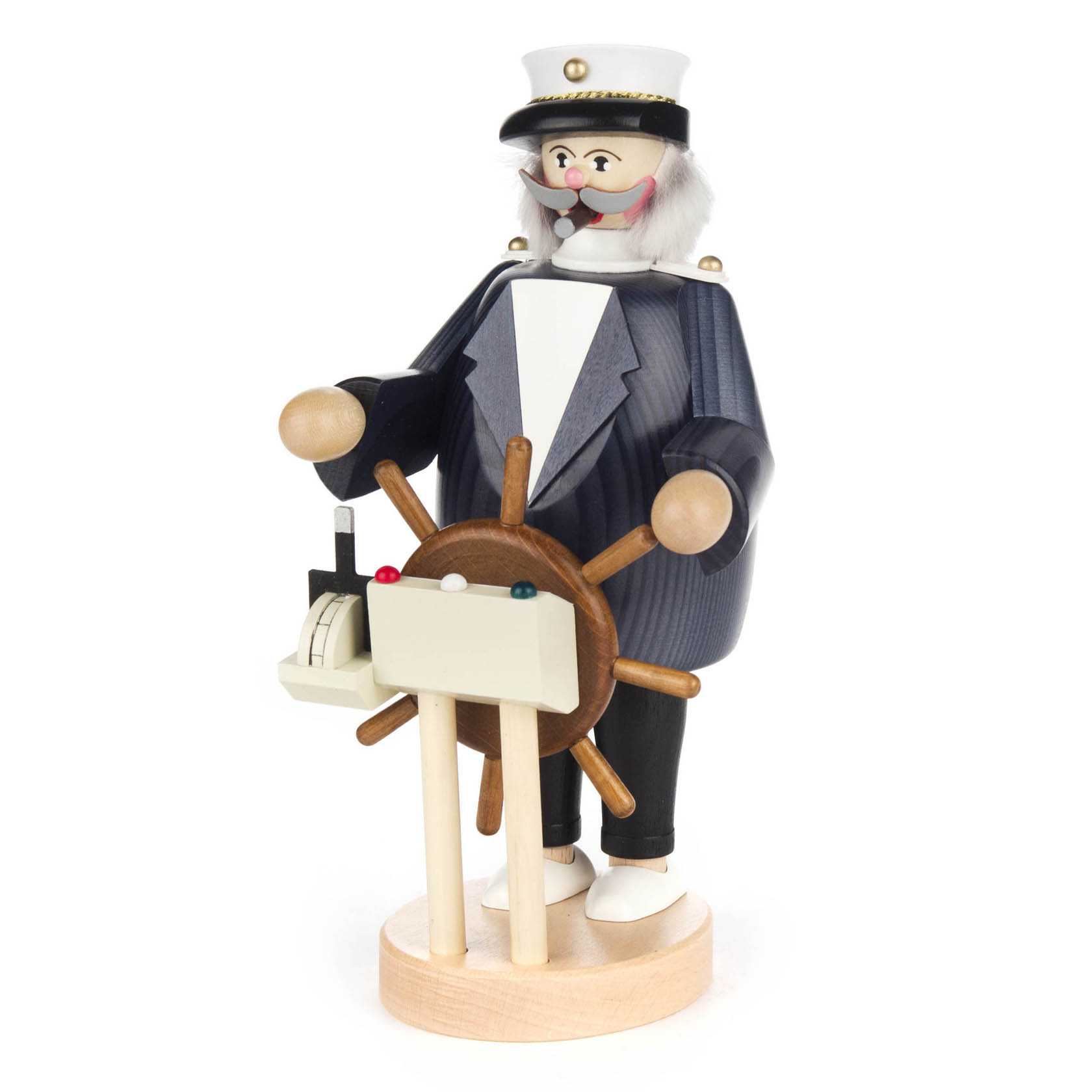 Traditional German incense smoker figurine dressed as a ship captain with white beard and hat, standing at a ship's wheel.