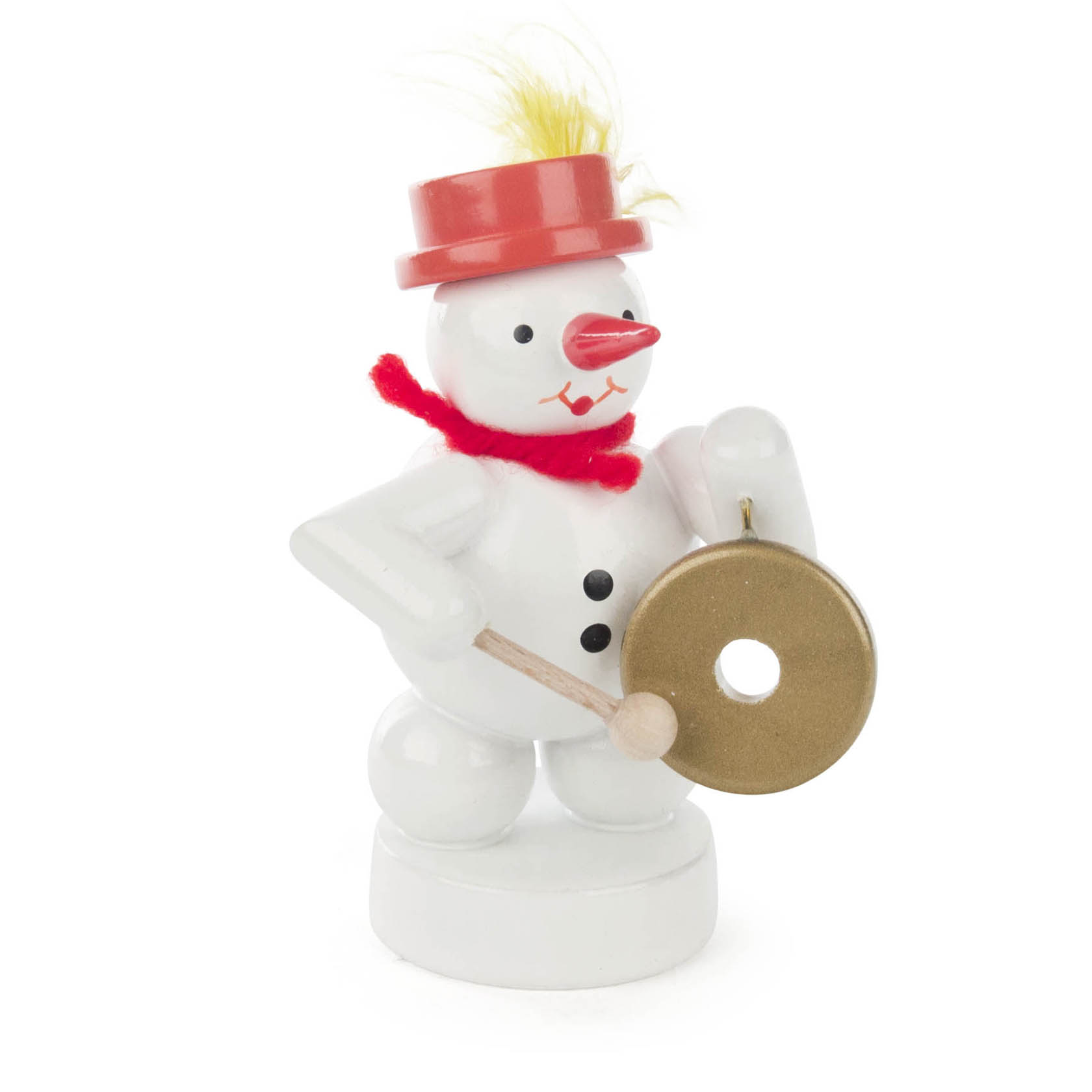 Wooden snowman figurine with a red scarf and hat, holding a small gong and mallet. im Dregeno Online Shop günstig kaufen