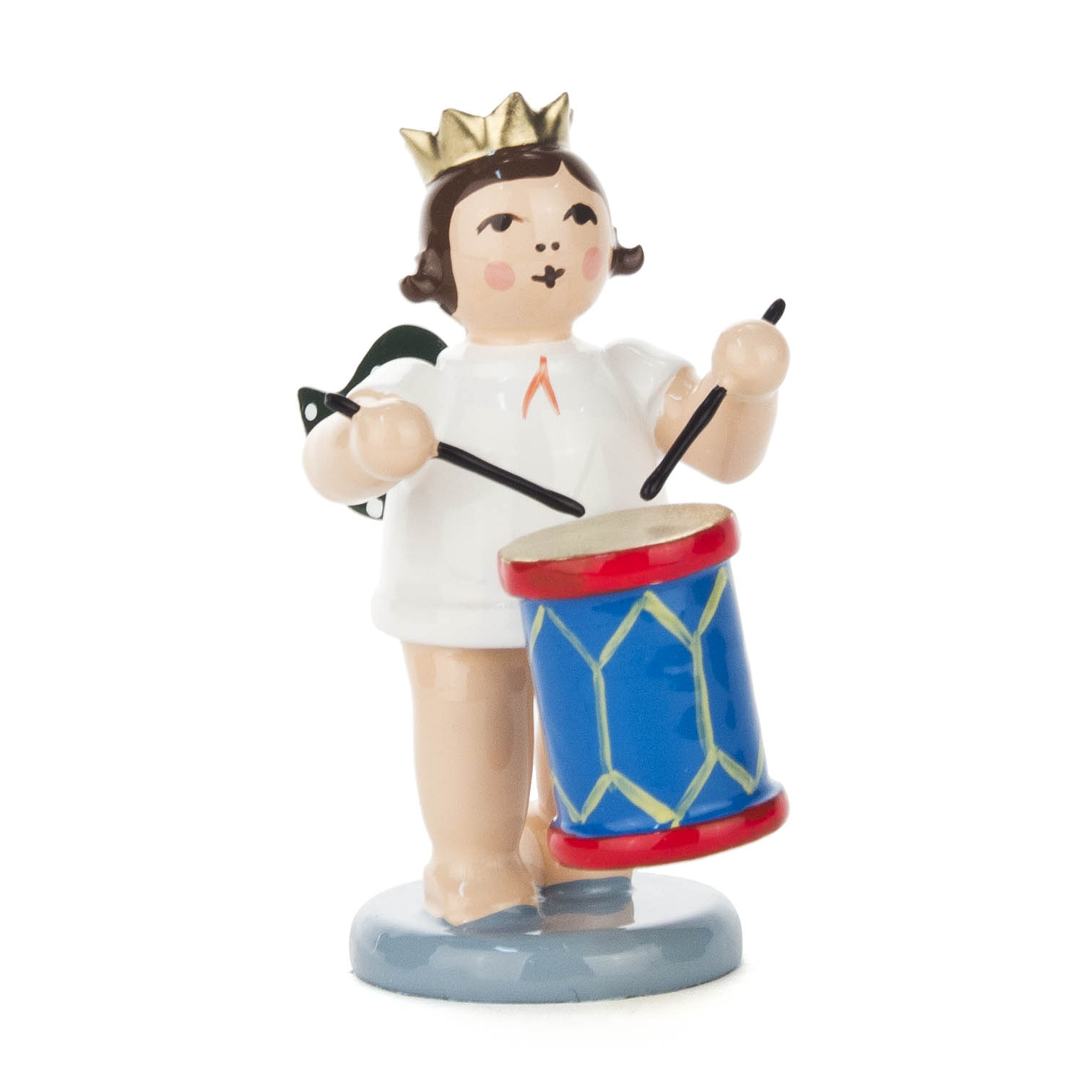 A small angel figurine with a crown, holding drumsticks and a snare drum, standing on a base. im Dregeno Online Shop günstig kaufen