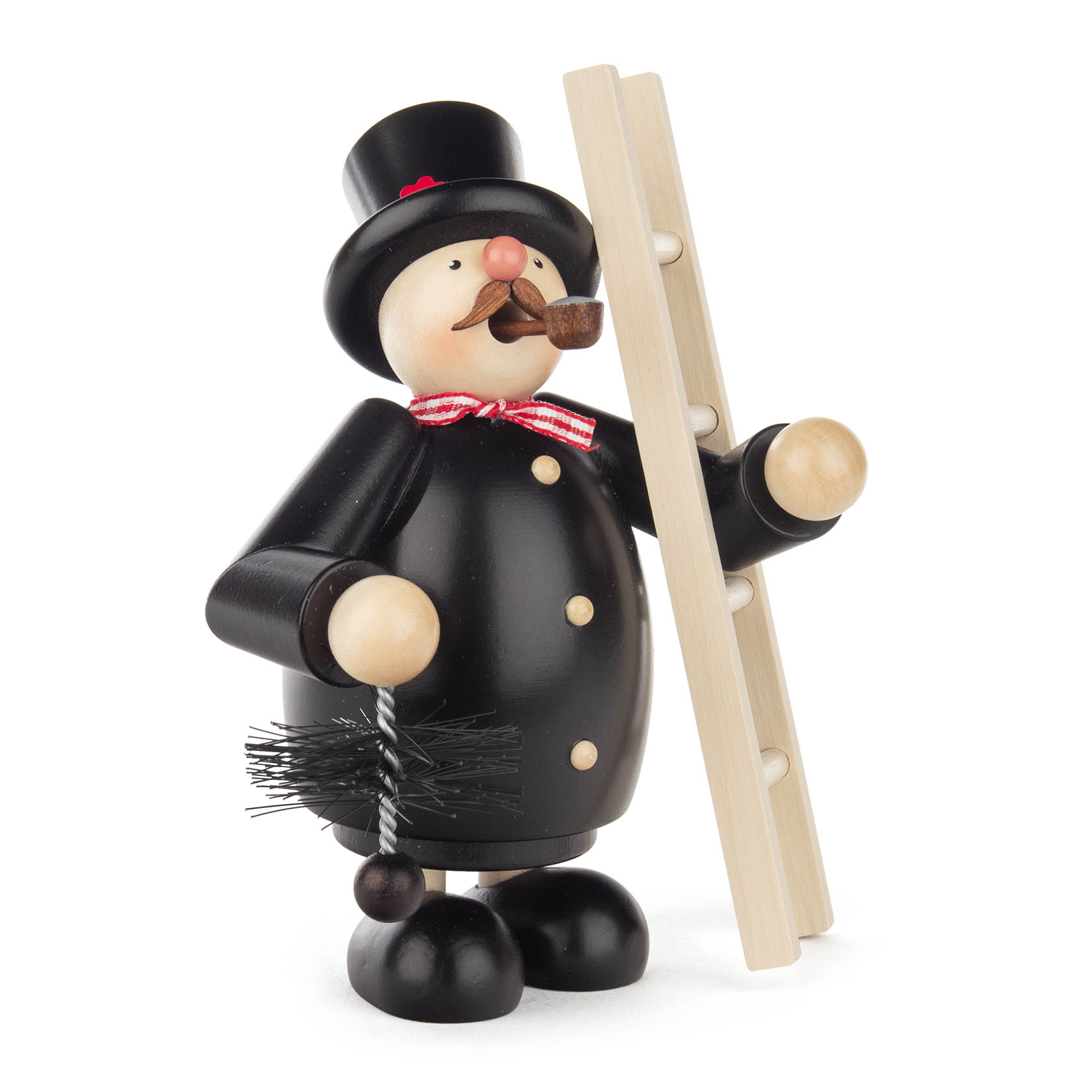 Wooden smoker figurine of a chimney sweep, wearing a black coat and top hat, holding a ladder and a brush, with a red bow tie and a pipe in his mouth. im Dregeno Online Shop günstig kaufen