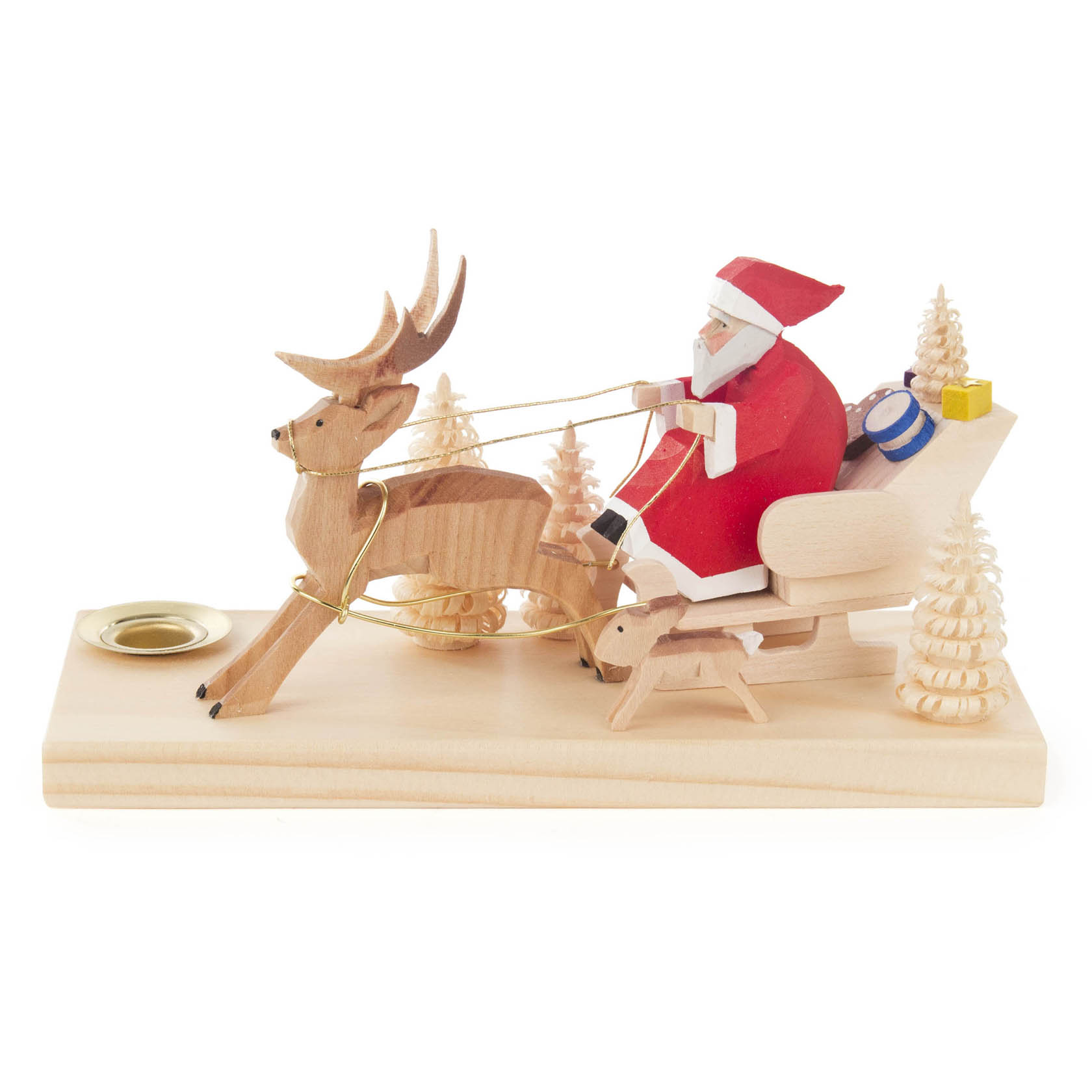 Weihnachtsmann im Hirschschlitten mit Hase, geschnitzt, für Kerze d=14m im Dregeno Online Shop günstig kaufen