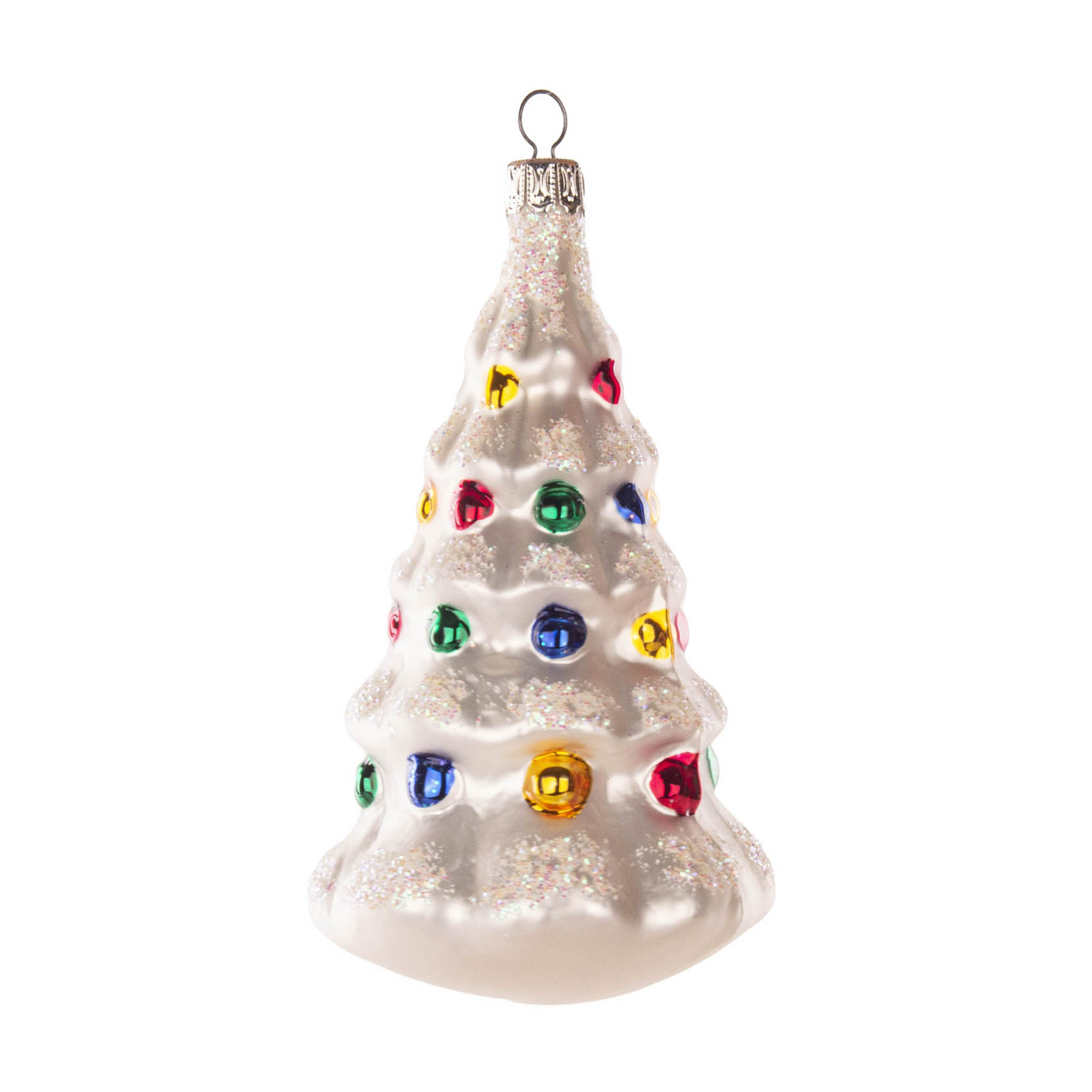Weißer Weihnachtsbaum-Anhänger mit bunten Kugeln aus Glas als Christbaumschmuck. im Dregeno Online Shop günstig kaufen