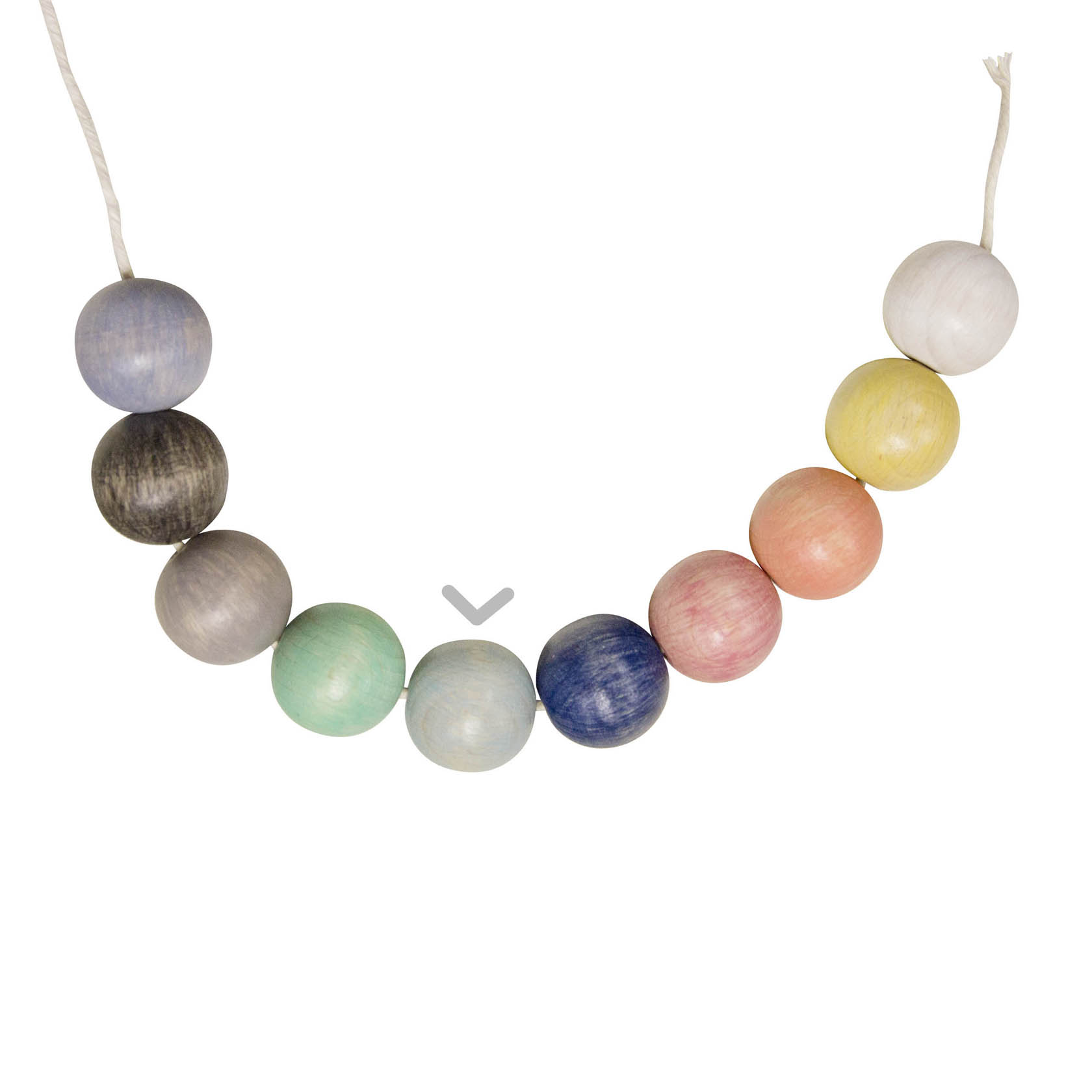 Eine girlandenähnliche Kette mit zehn Holzkugeln in verschiedenen Farben, darunter Blau, Grau, Grün, Rosa, Gelb, Creme und Schwarz, auf einer weißen Schnur.