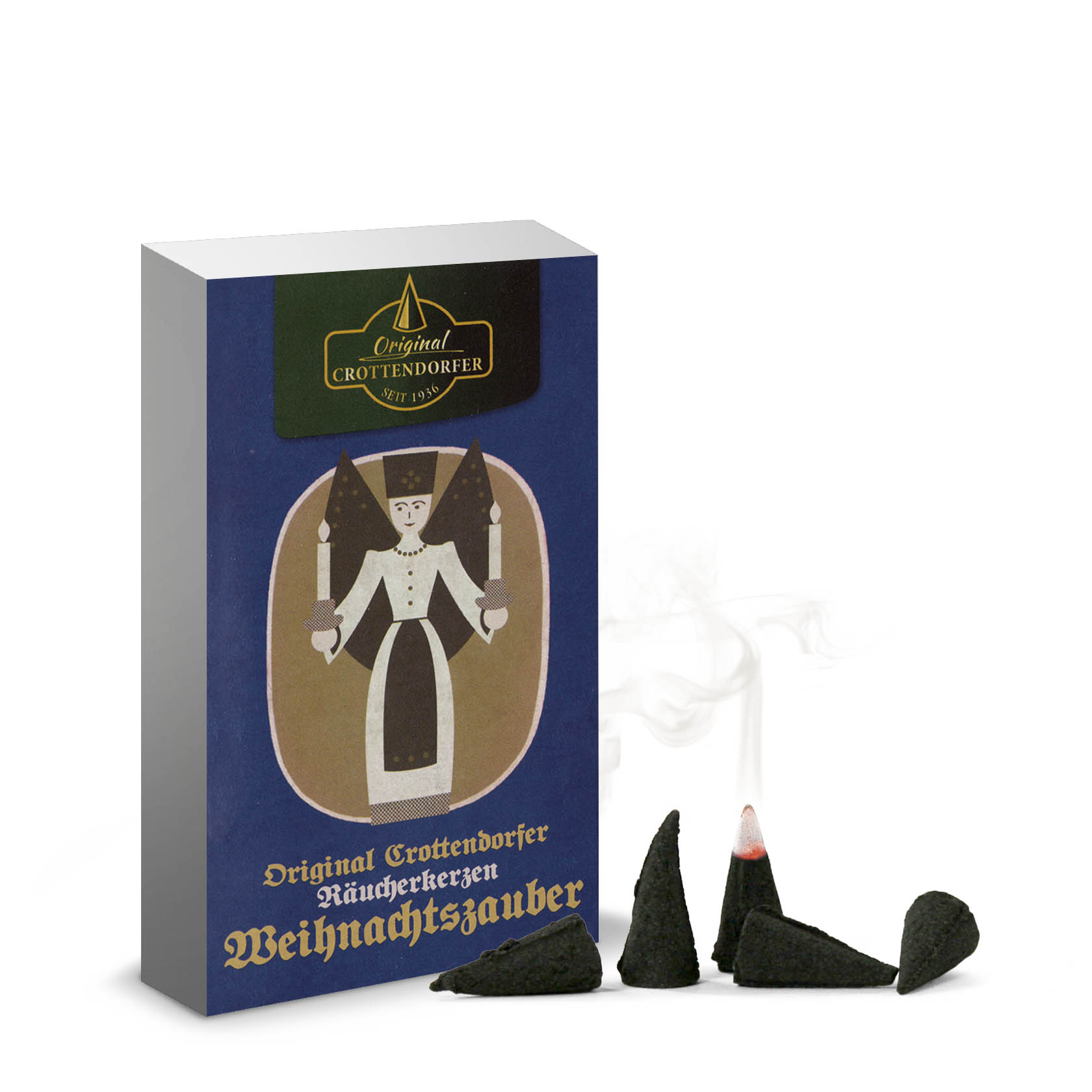 Päckchen Crottendorfer Räucherkerzen mit Aufschrift 'Weihnachtszauber', daneben einige schwarze Räucherkerzen in Kegelform und eine angezündete Kerze, die Rauch abgibt. im Dregeno Online Shop günstig kaufen