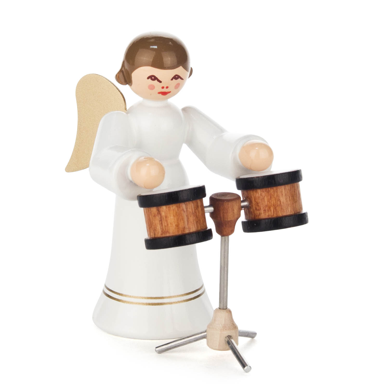 Holzengel mit goldenen Flügeln spielt auf Bongos, trägt langes weißes Gewand mit goldenen Akzenten. im Dregeno Online Shop günstig kaufen