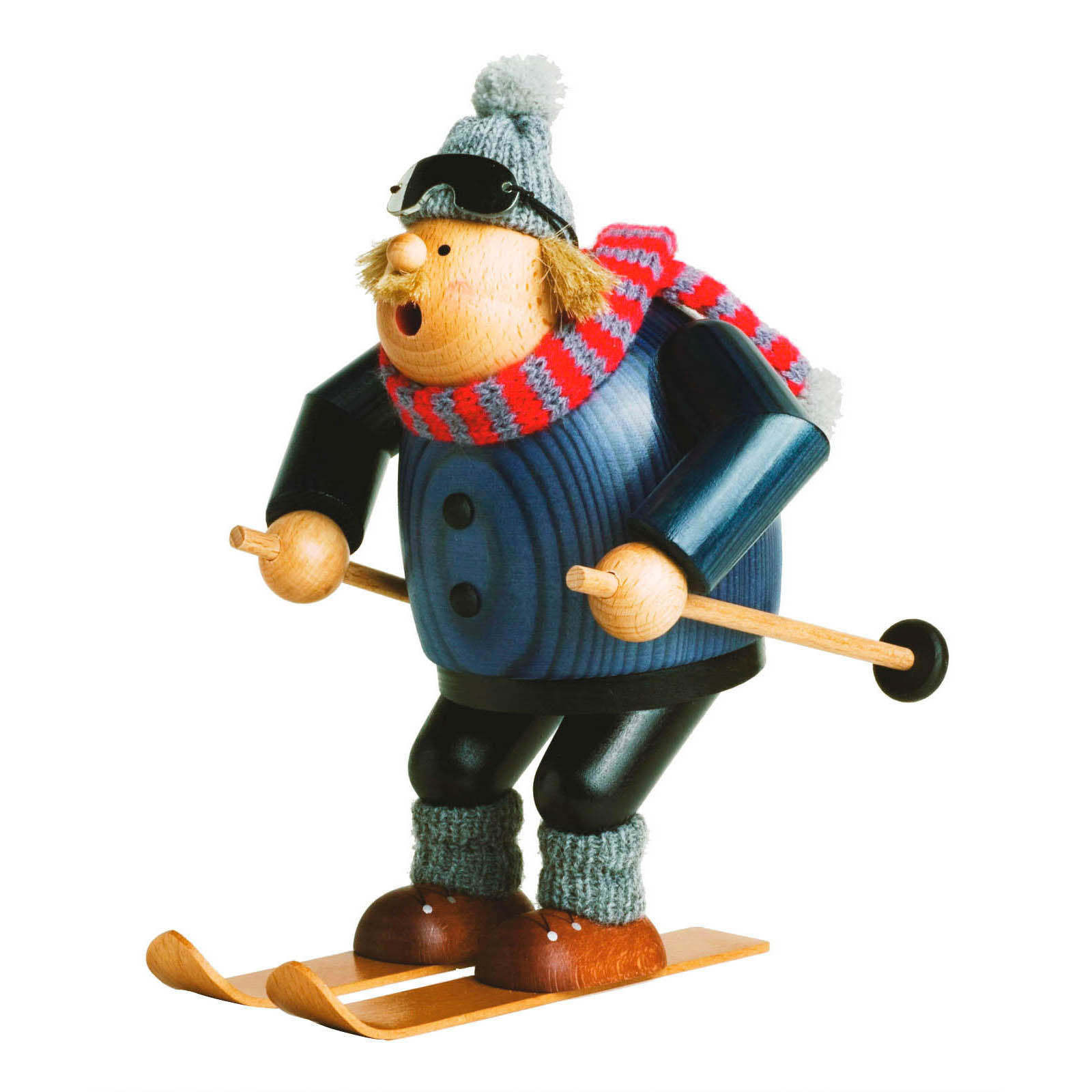 A wooden incense smoker figurine featuring a downhill skier with a blue coat, red and gray striped scarf, and a pom-pom hat, holding ski poles. im Dregeno Online Shop günstig kaufen