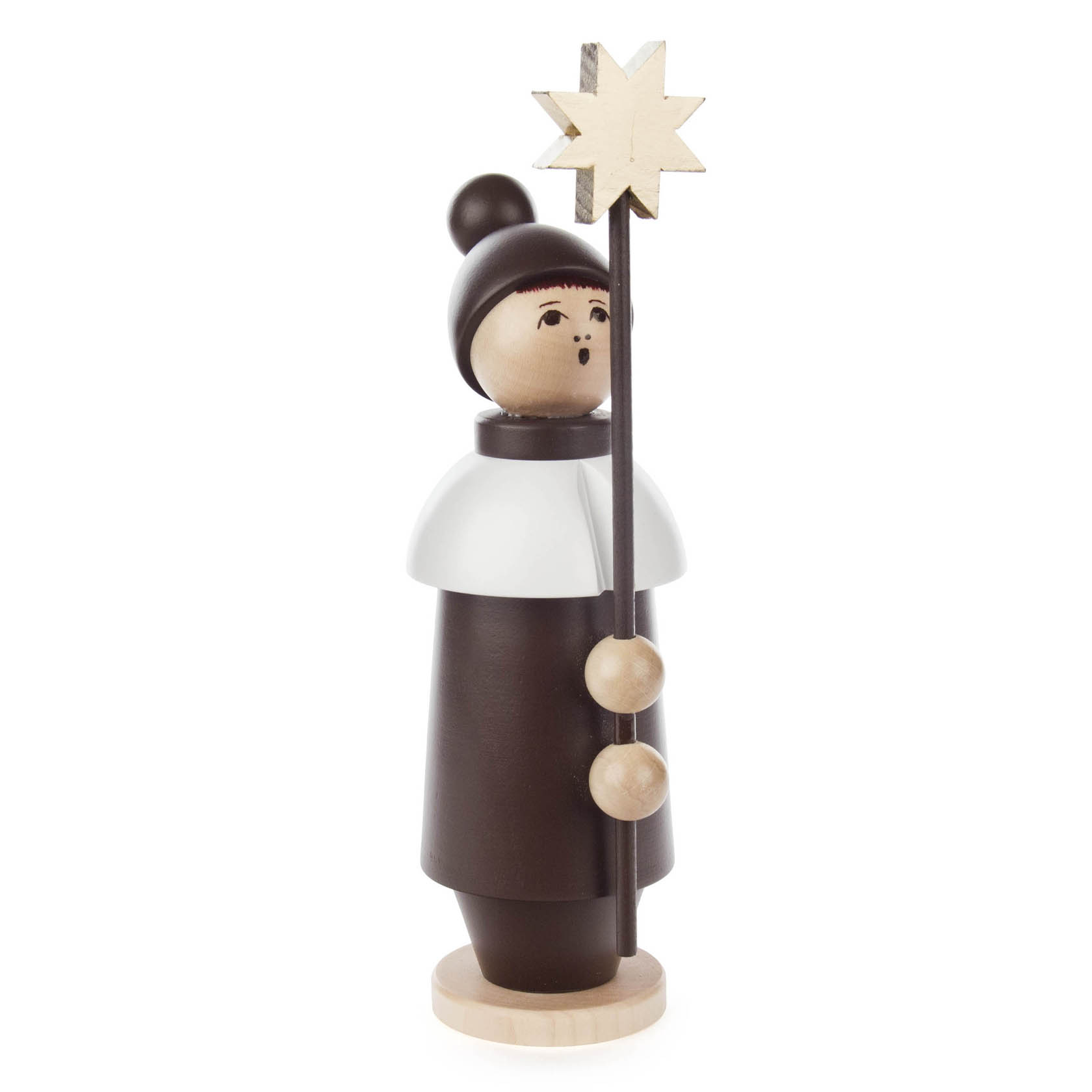 A brown wooden figurine of a caroler holding a staff with a star on top, wearing a white cape and a round hat.
