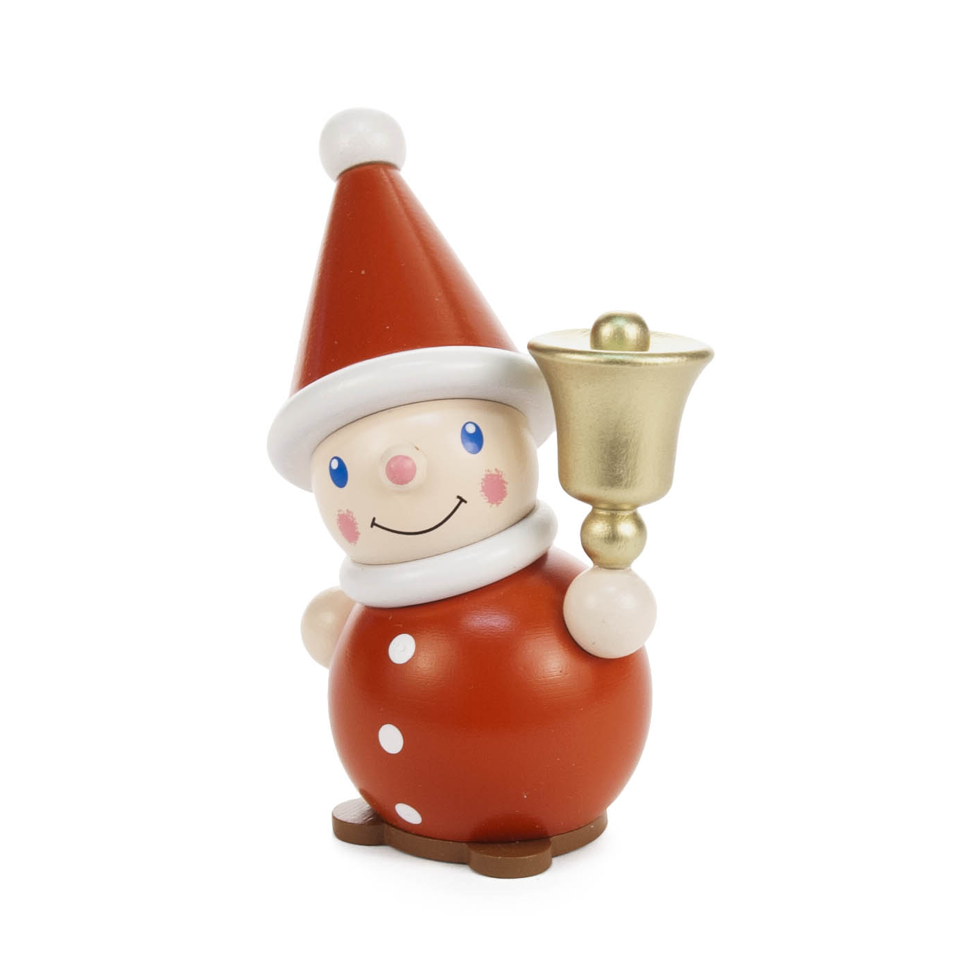 Ein farbiger Wichtel mit roter Mütze und rundem Körper hält eine goldene Glocke in der rechten Hand. Er lächelt und trägt eine weiße Knopfleiste. im Dregeno Online Shop günstig kaufen