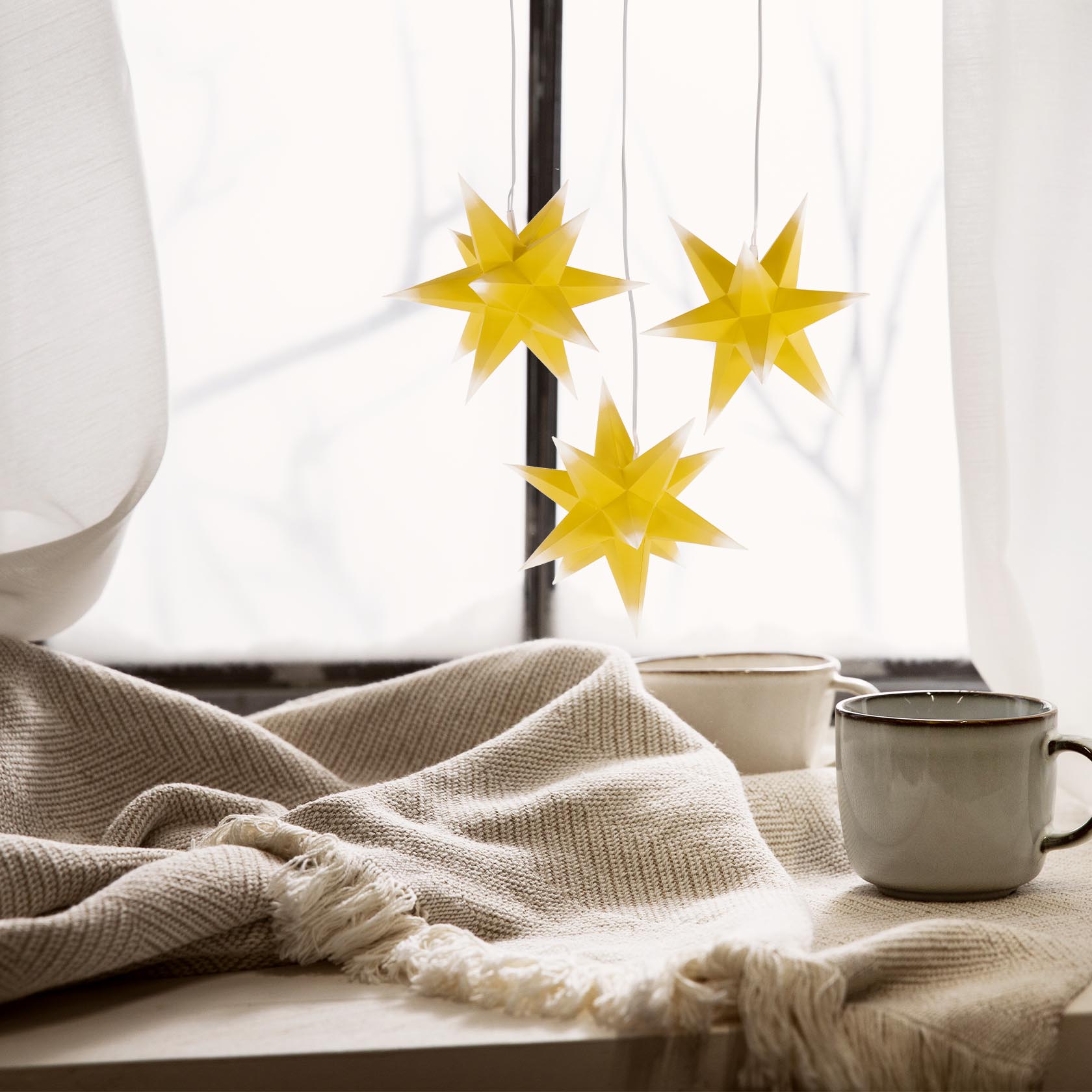 Mini-Adventssterne gelb/weie Spitzen (3), elektr. Beleuchtung | Dregeno -  Seiffener Originale