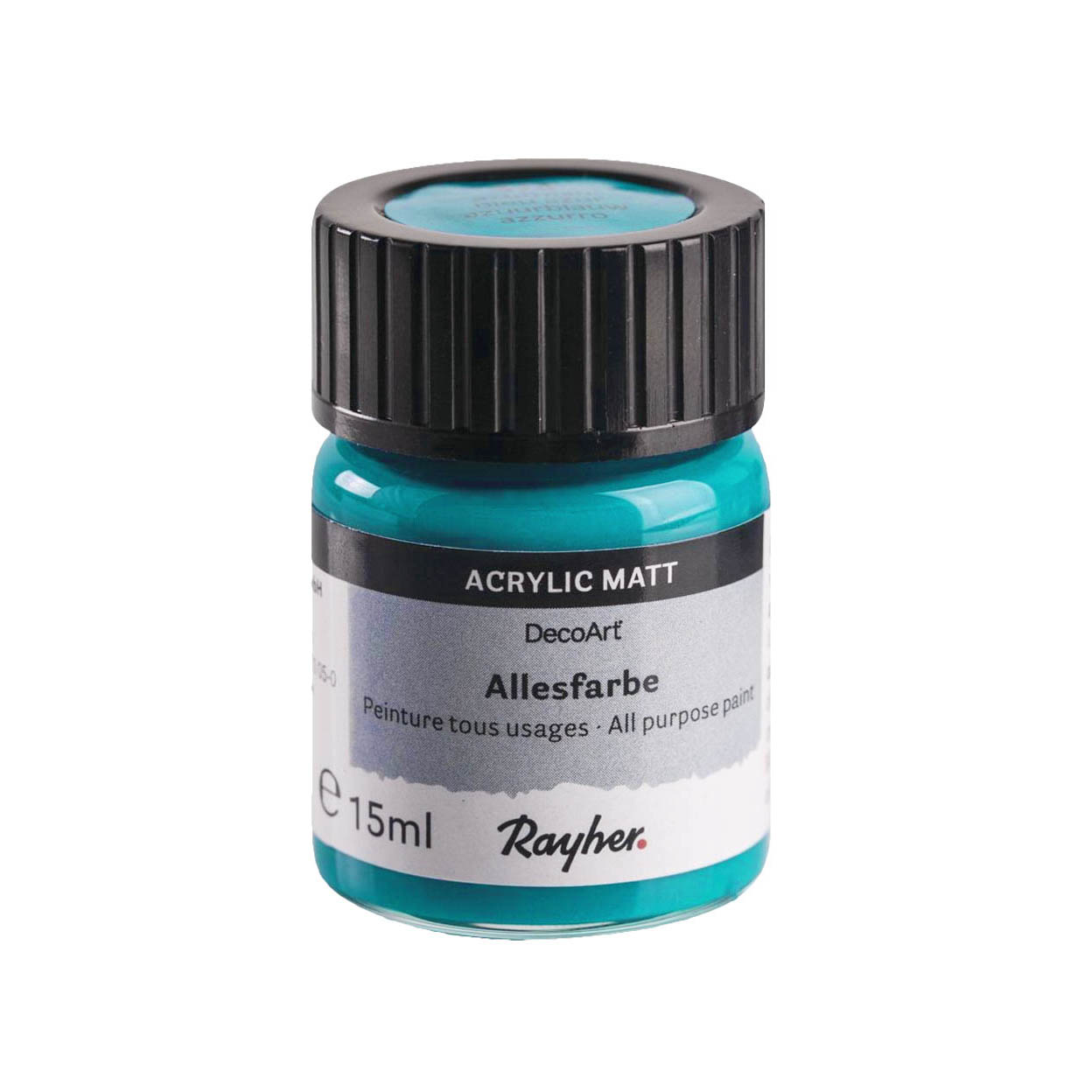 Eine kleine Flasche Rayher Allesfarbe in Türkis, 15ml, mit schwarzem Deckel. im Dregeno Online Shop günstig kaufen