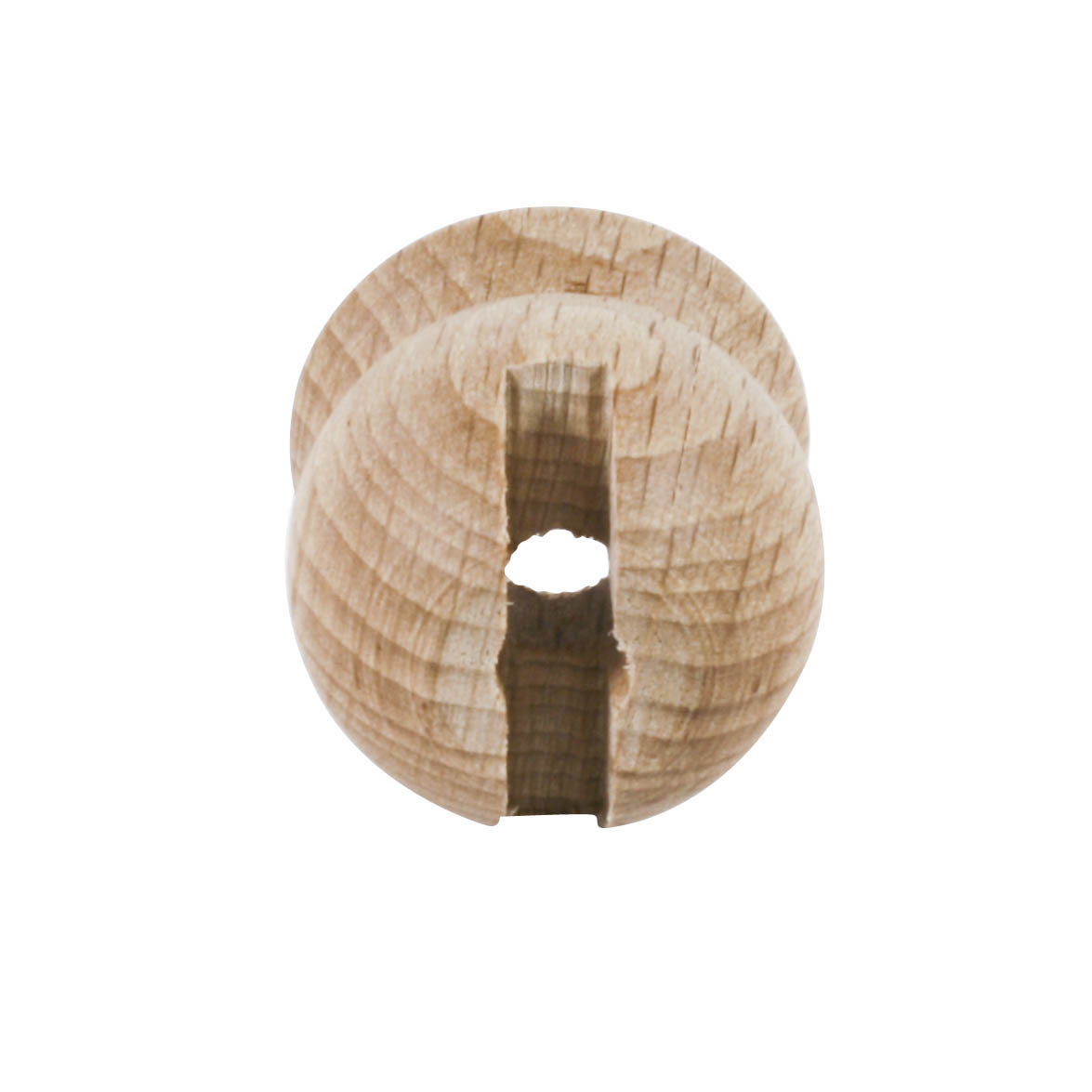 A wooden nozzle with a spherical shape, measuring 14mm in diameter, has a small hole in the center and slotted pattern surrounding it.