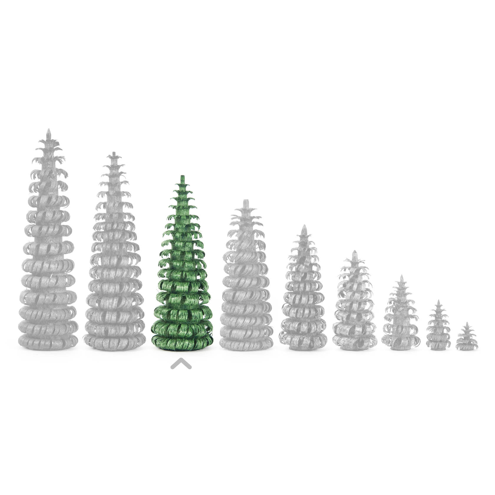 A green coiled tree-shaped decoration measuring 7 cm, surrounded by similar gray decorations of varying sizes in the background.