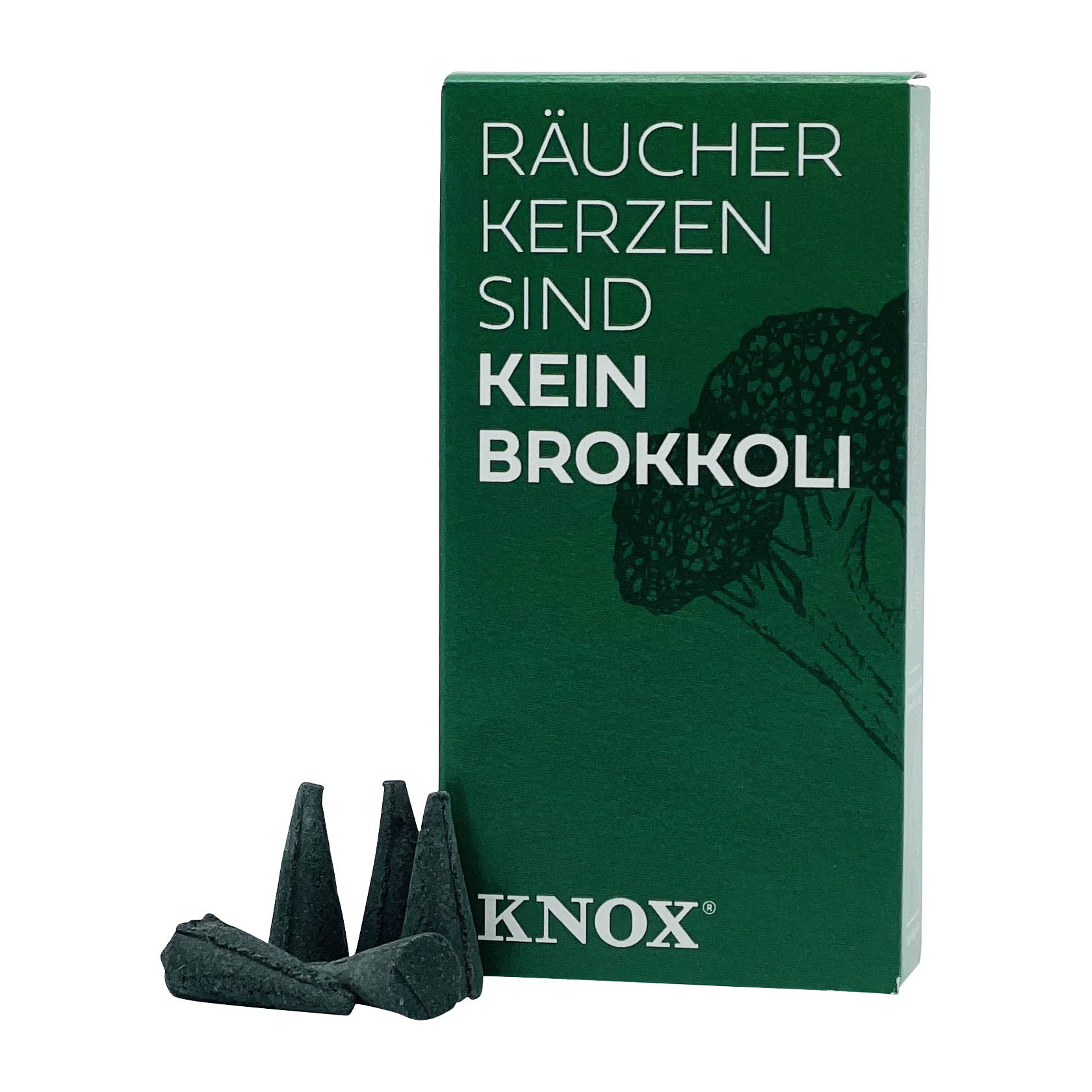 A green box of YOUNG KNOX incense cones with 24 pieces, featuring the German text 'Räucherkerzen sind kein Brokkoli', with a broccoli illustration. im Dregeno Online Shop günstig kaufen