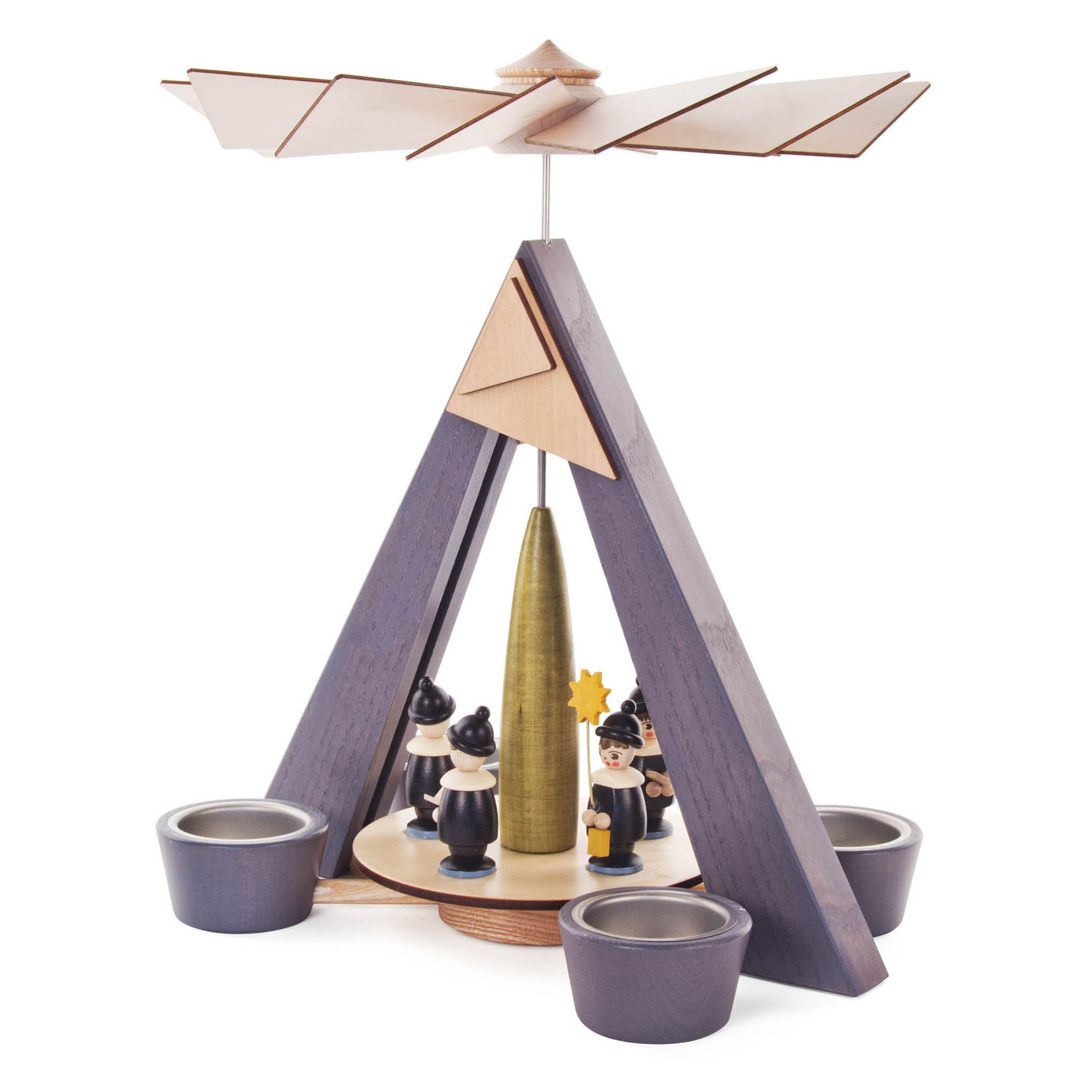 Gray pyramid with colorful figurines, designed to hold tealights. Features a triangular frame with a fan on top and small figures at the base.