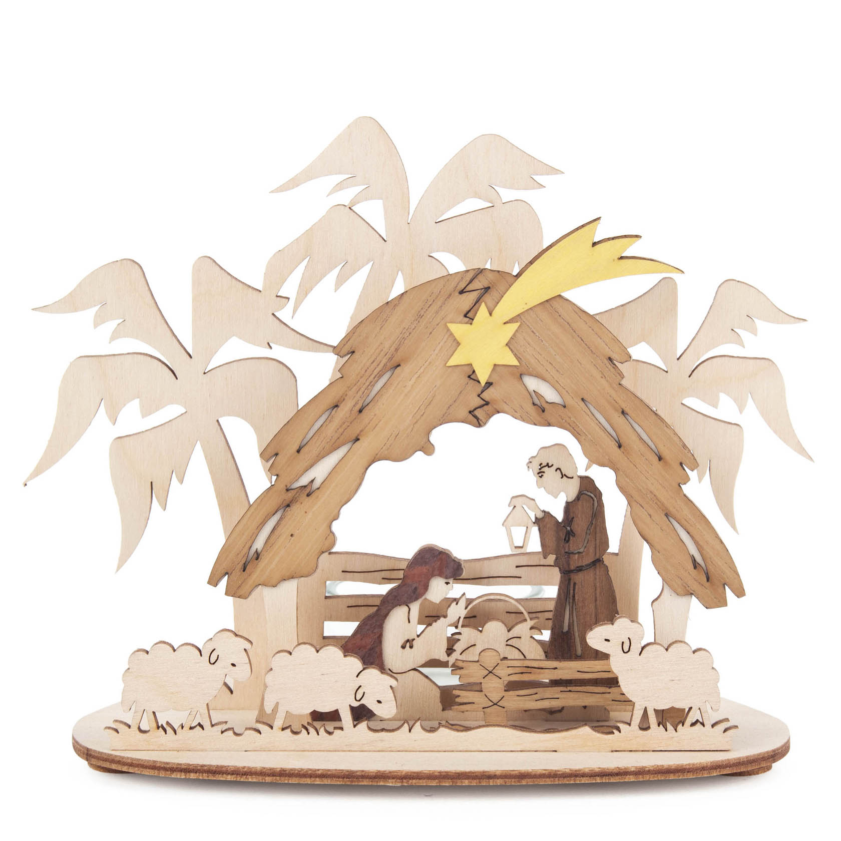 Wooden tea light holder depicting the Nativity scene with Mary, Joseph, and baby Jesus surrounded by sheep and under a star.