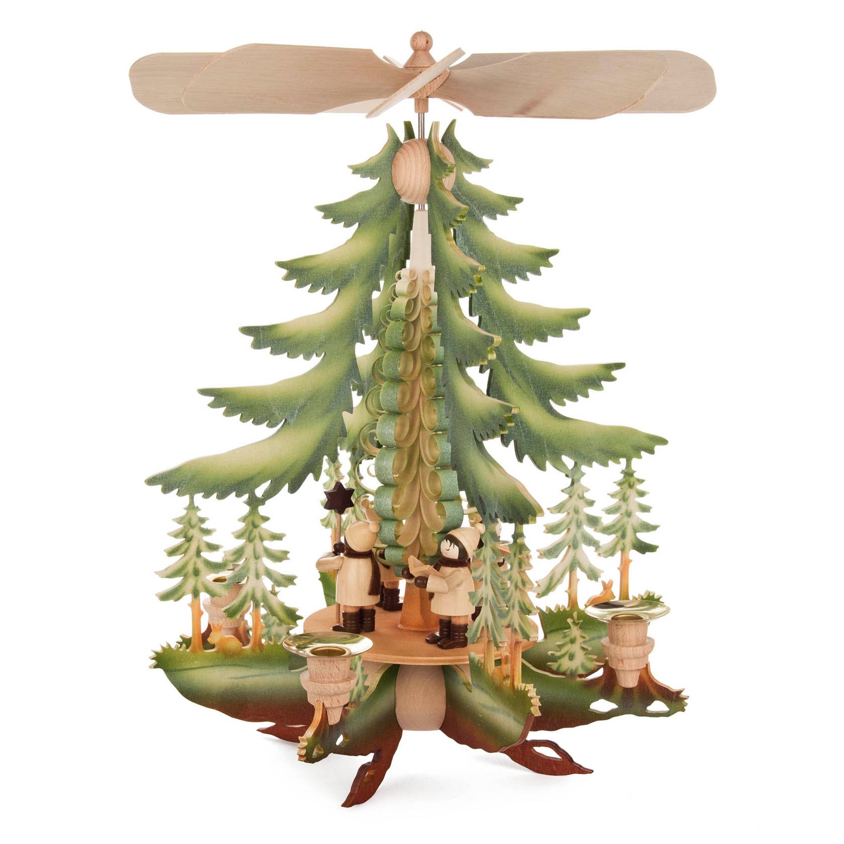 Colorful wooden pyramid featuring Kurrende singers surrounded by trees, designed for candles with a diameter of 14mm.