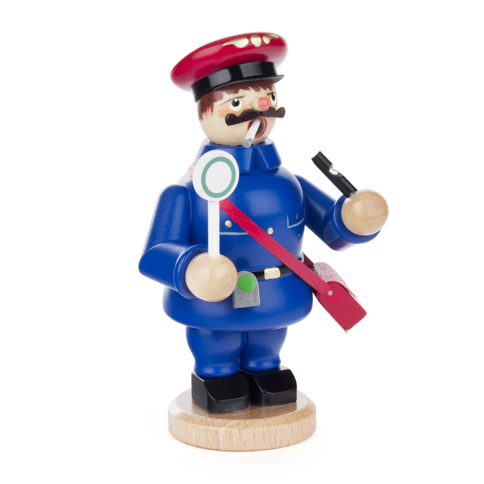 Miniature wooden incense smoker figure of a train conductor wearing a blue uniform, red cap, holding a railway signal and a pipe.