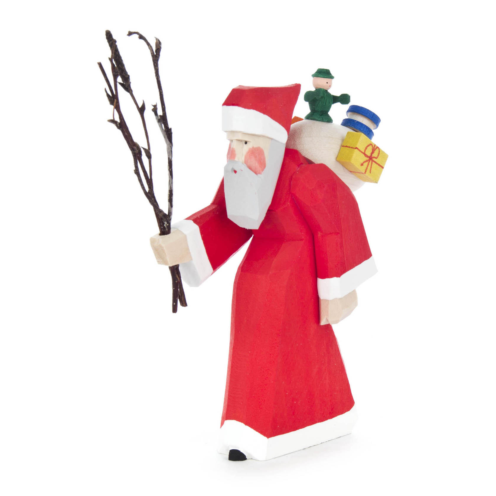 Weihnachtsmann mit Geschenken und Rute, geschnitzt im Dregeno Online Shop günstig kaufen