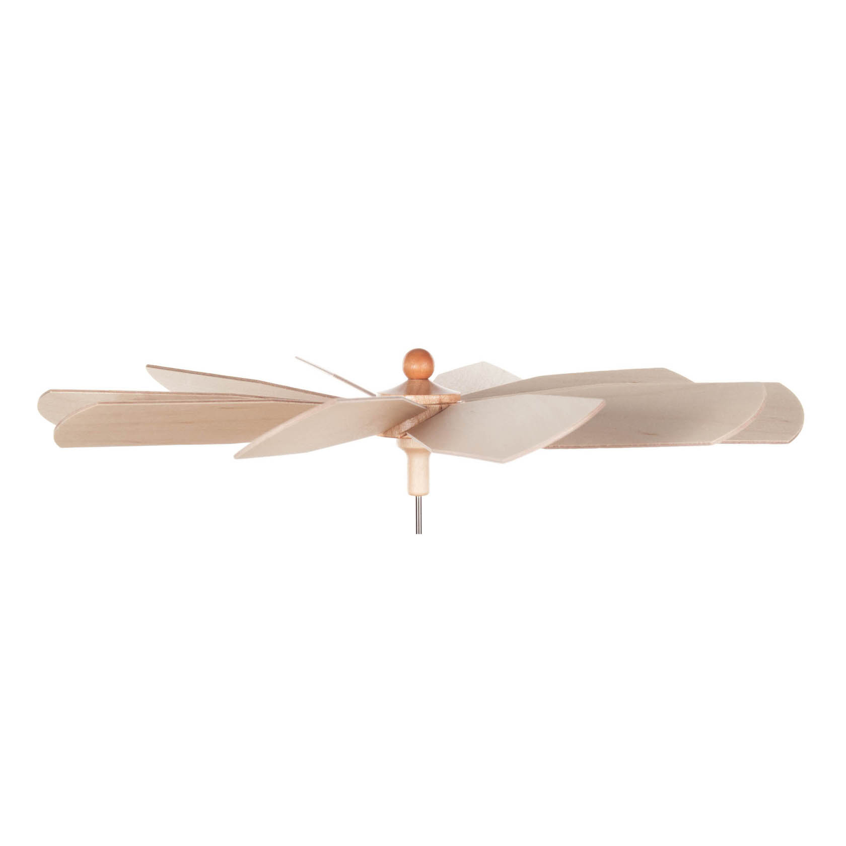 Wooden pinwheel with six pale wooden blades connected to a central wooden hub featuring a small wooden ball on top.