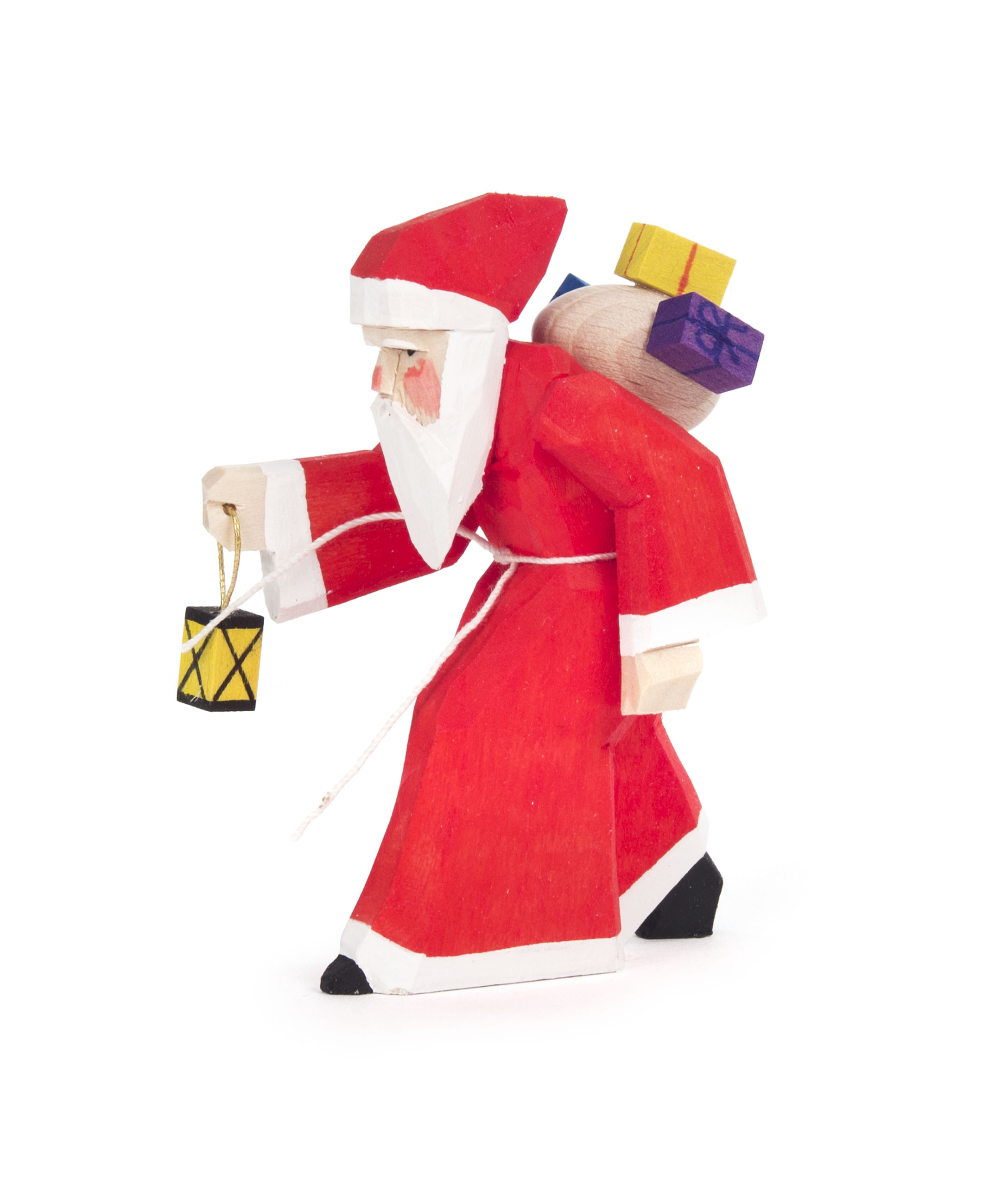 Weihnachtsmann mit Geschenken und Laterne, geschnitzt 