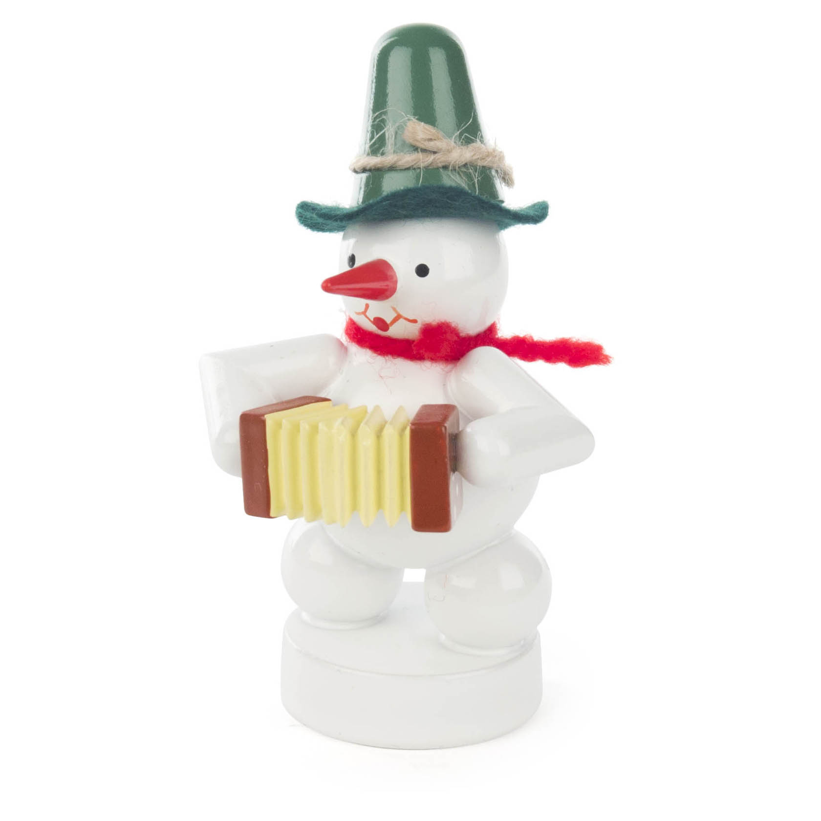 A snowman figurine with a green hat plays a concertina, featuring a red scarf and a carrot nose. im Dregeno Online Shop günstig kaufen