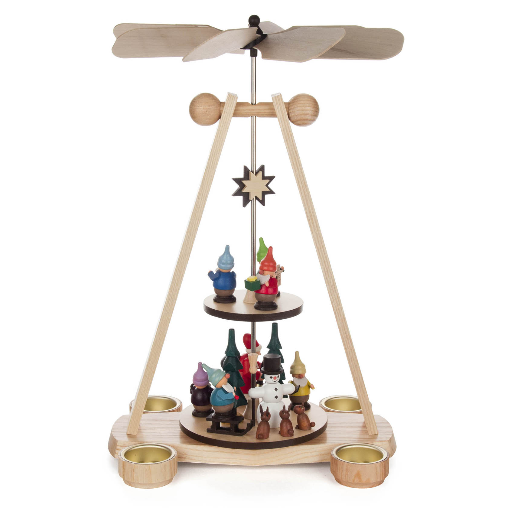 Two-tier pyramid with wooden gnomes and trees, designed for tea lights, featuring a propeller at the top.