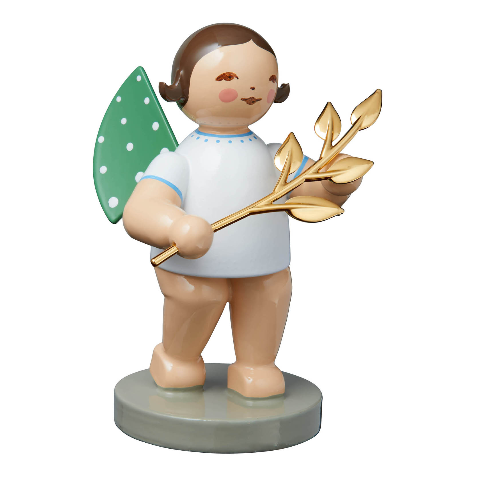 Holzengel mit braunem Haar, grünem Flügel mit weißen Punkten und goldenem Zweig in der Hand. Figur steht auf rundem Sockel. im Dregeno Online Shop günstig kaufen