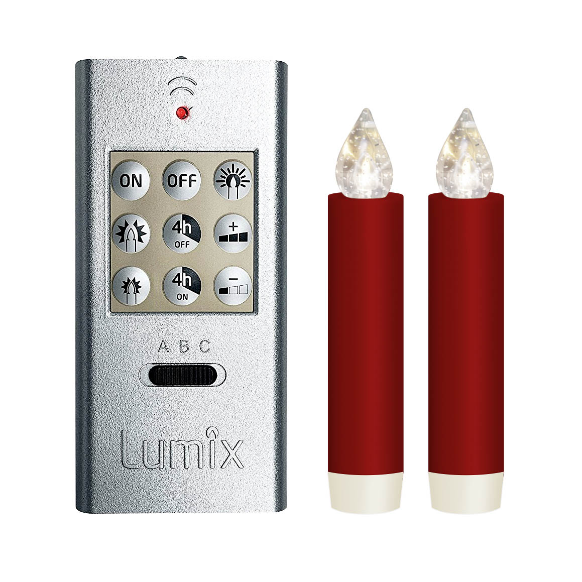 LUMIX Classic Mini S set includes a silver remote control with multiple buttons and two red candles with white candle tips.