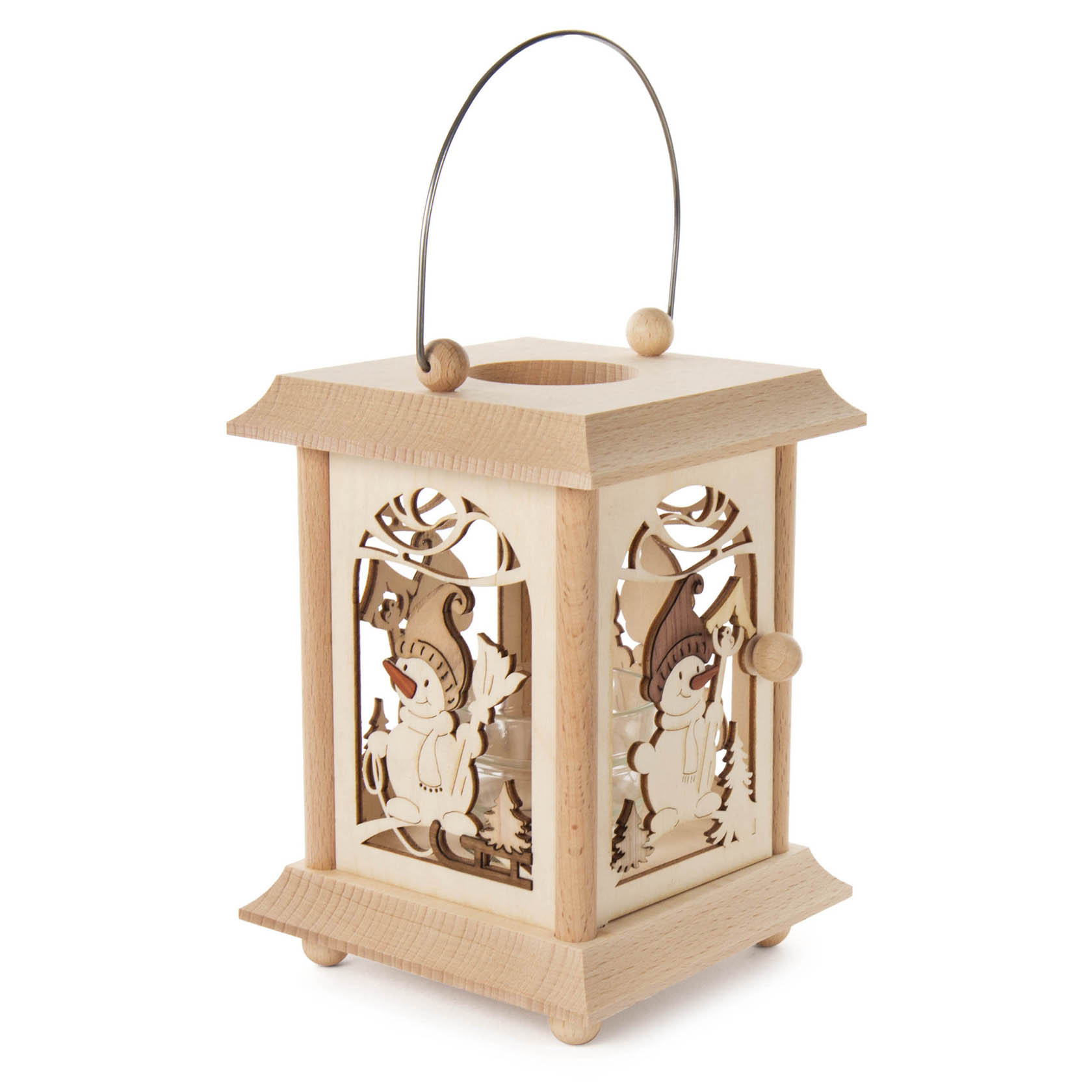 Wooden table lantern with a snowman design, featuring a glass insert for a tealight or votive candle.