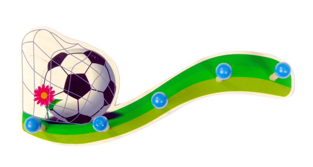 A wall-mounted coat rack designed with a soccer motif. It features a football partially caught in a net and has five blue pegs attached. im Dregeno Online Shop günstig kaufen