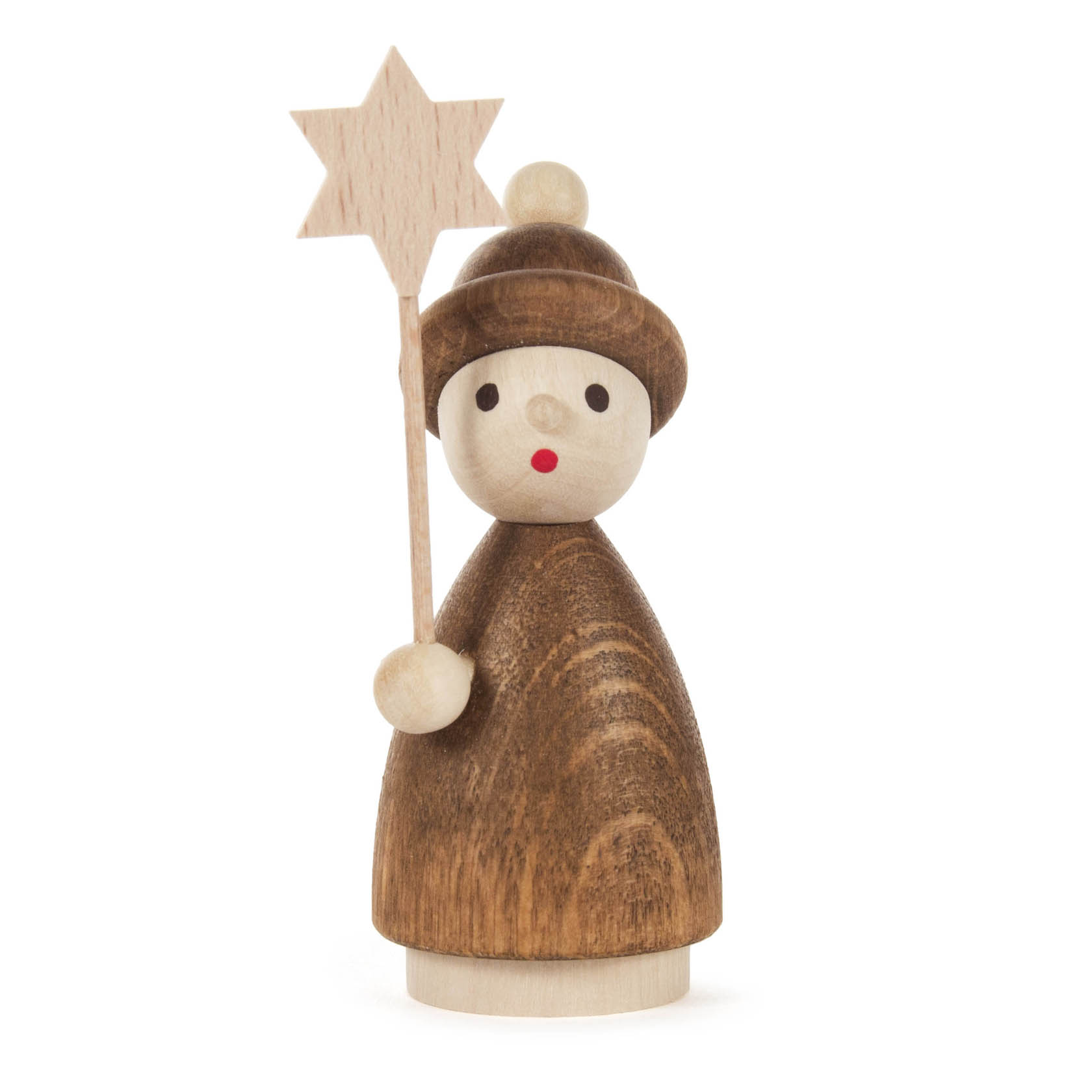 Holzfigur eines Kurrendekindes mit braunem Mantel und Mütze. In der Hand hält es einen hölzernen Stern auf einem Stab. Gesicht ist schlicht gehalten. im Dregeno Online Shop günstig kaufen