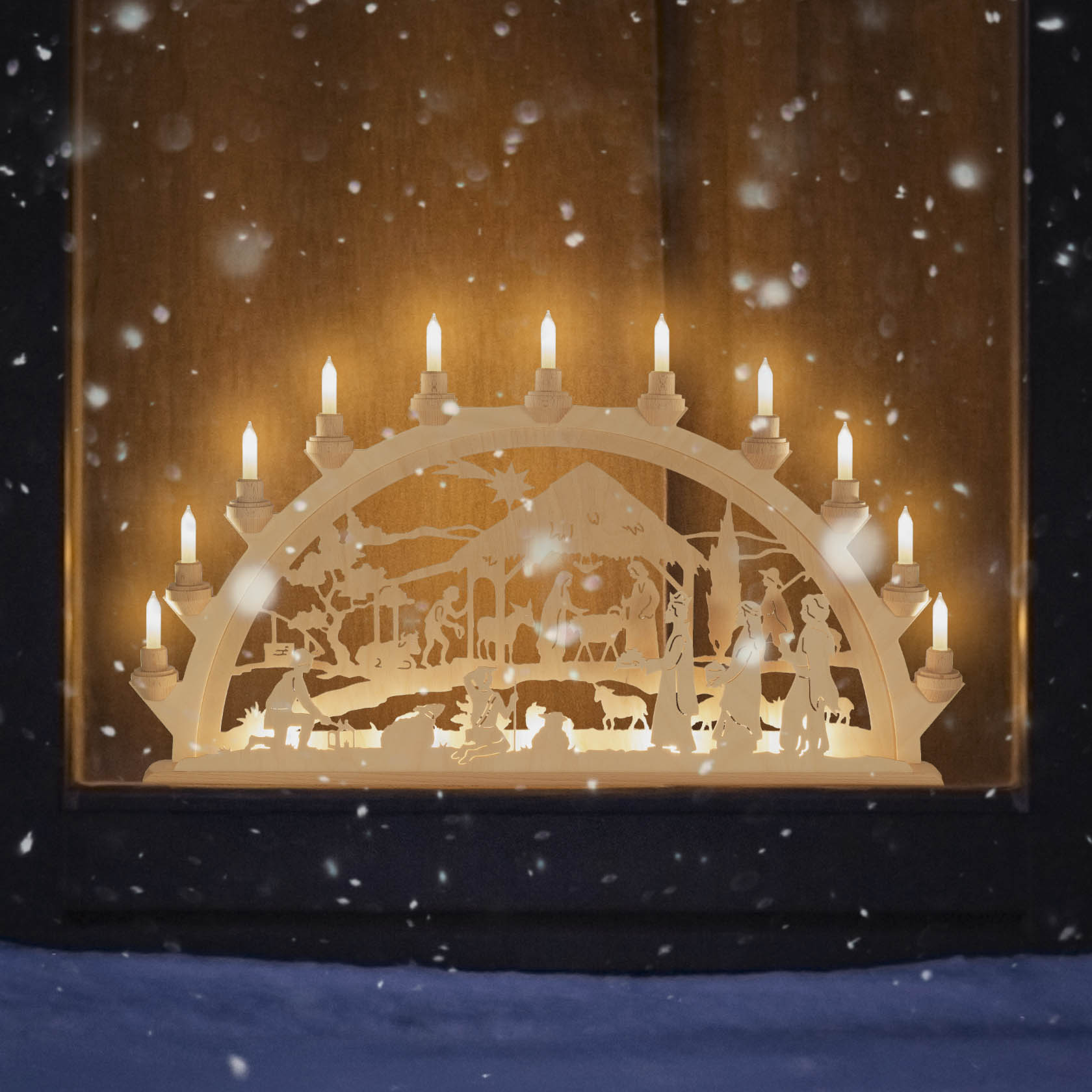 A wooden arch candle holder depicting the nativity scene with figures of Mary, Joseph, Baby Jesus, and the Wisemen, illuminated with electric lights.