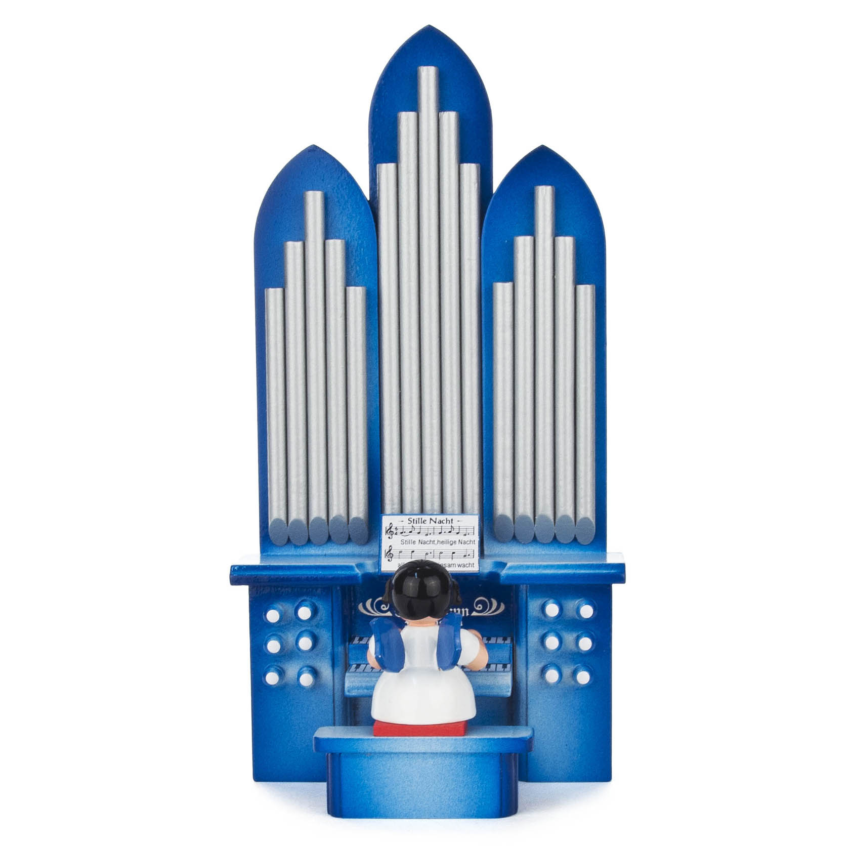 Engel an der Orgel sitzend, blaue Flügel