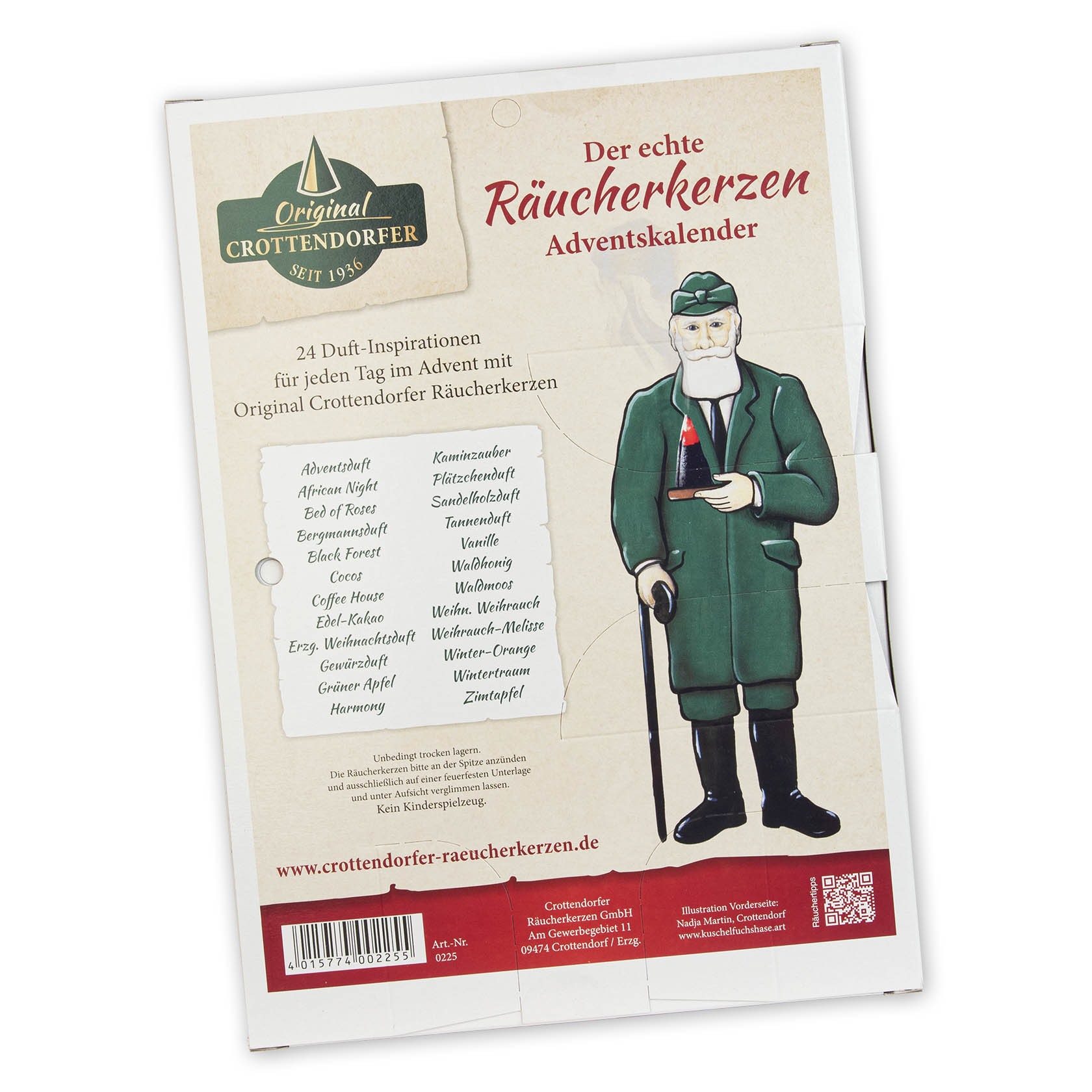 An Advent calendar featuring a bearded man with a pipe, wearing traditional attire and holding a stick, offering 24 Original Crottendorfer incense cones.