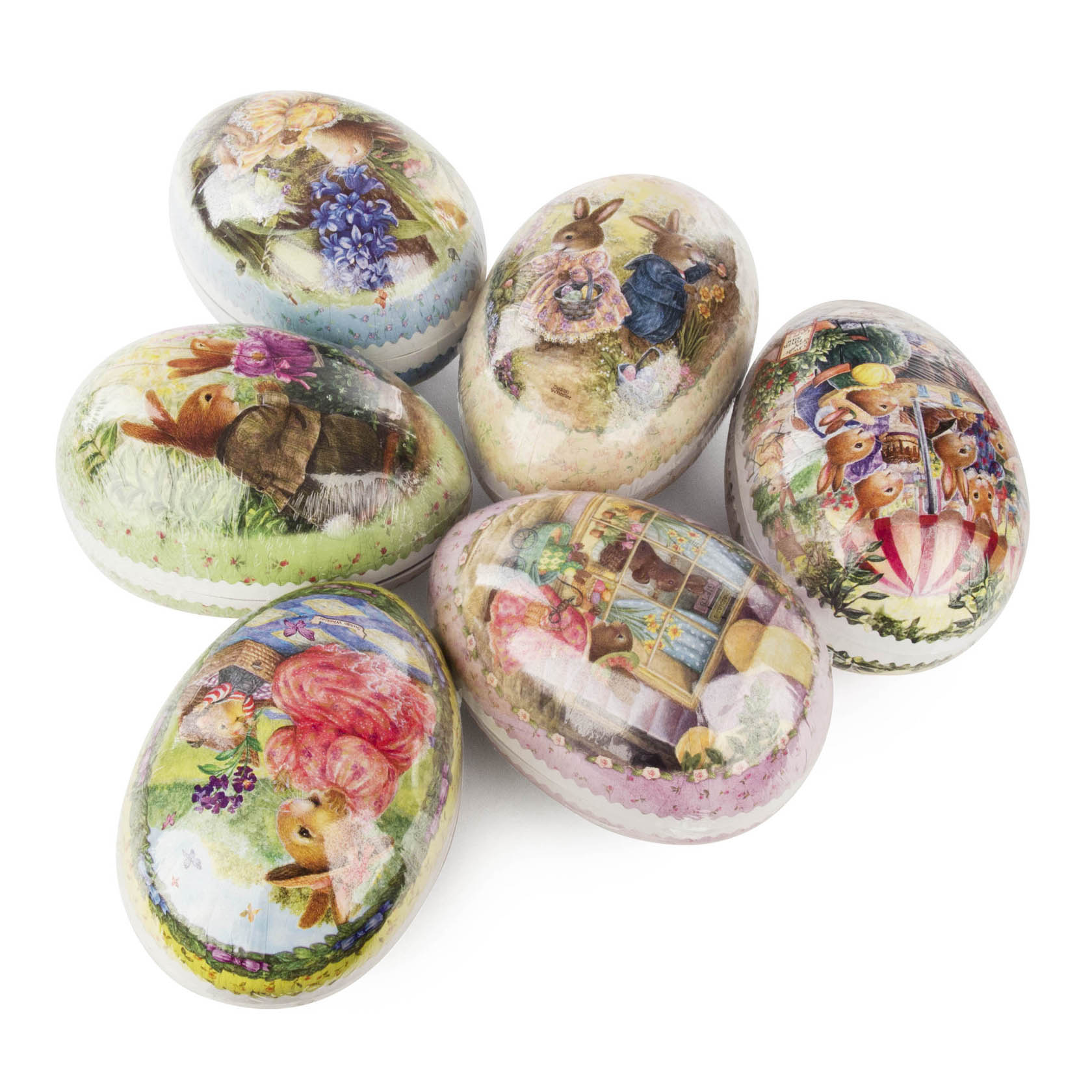 Ostereier "Holly Pond Hill" zum Befüllen 6 Motive weiße Borte Höhe 18cm im Dregeno Online Shop günstig kaufen