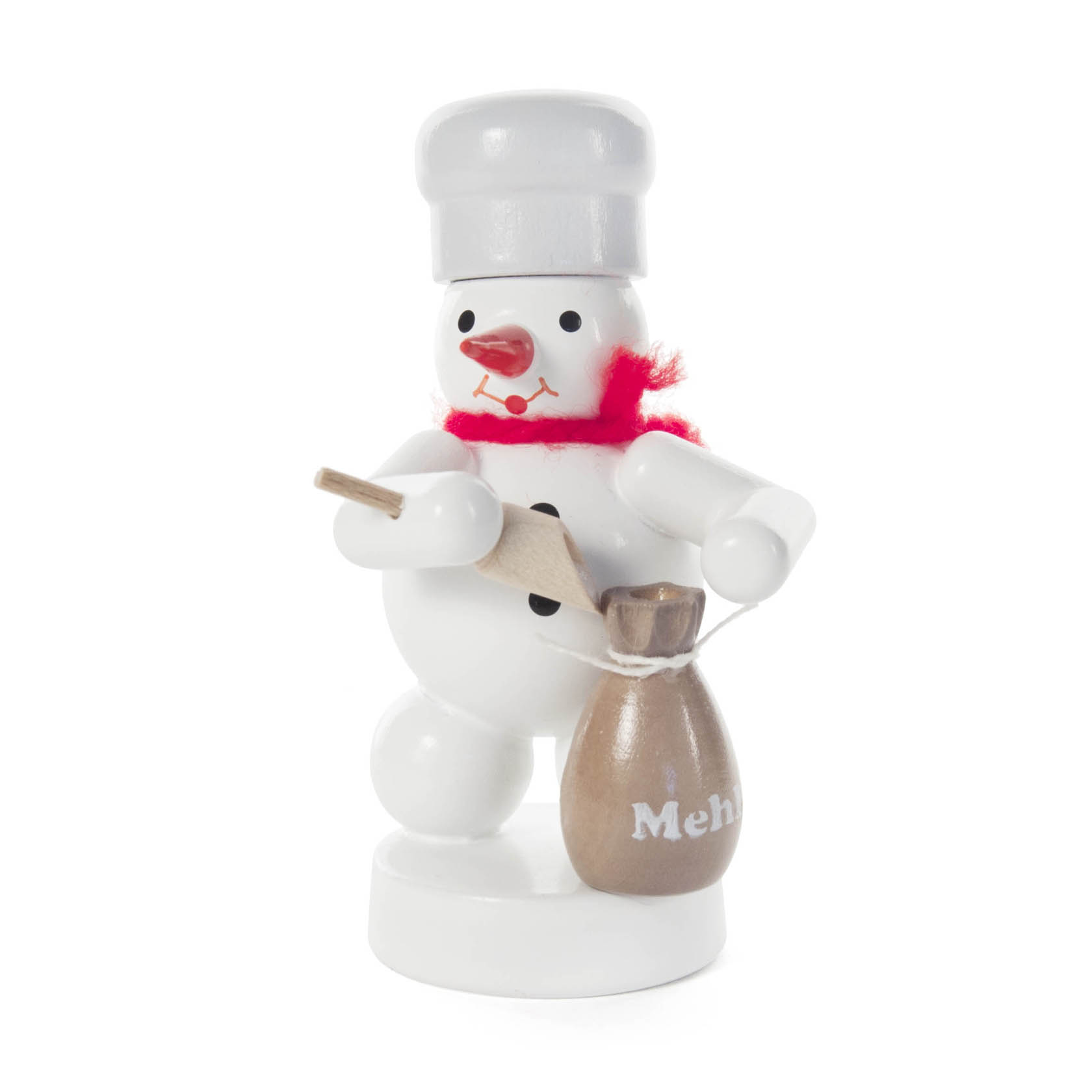 Wooden snowman figurine with a chef's hat, red scarf, holding a rolling pin, and standing next to a brown flour sack marked 'Mehl'. im Dregeno Online Shop günstig kaufen