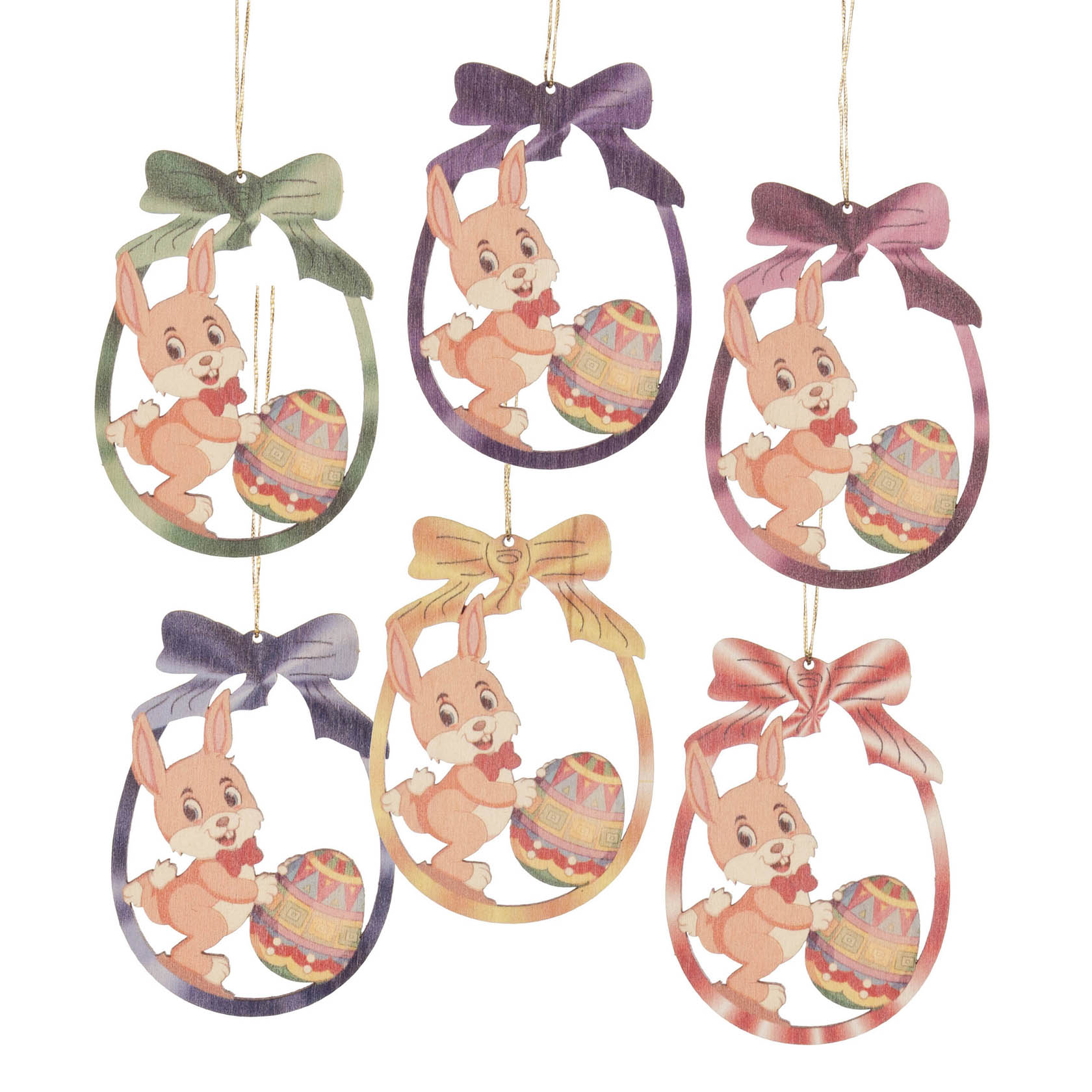 Six decorative cutouts featuring cartoon rabbits holding colorful Easter eggs, each framed differently with bows in various colors.