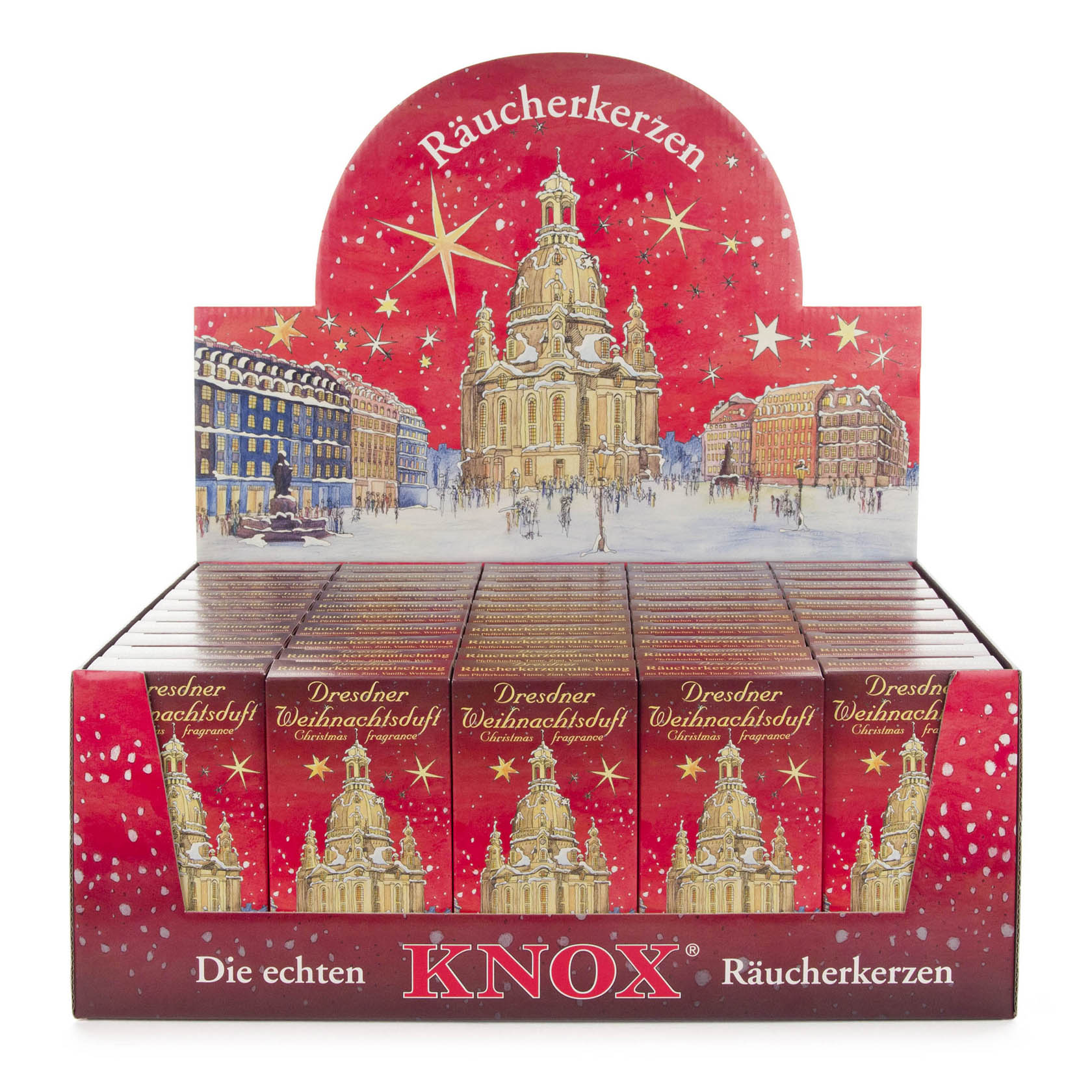 Verkaufsdisplay KNOX Räucherkerzen Dresdner Weihnachtsduft, rot 50 Schachteln à 24 Stück