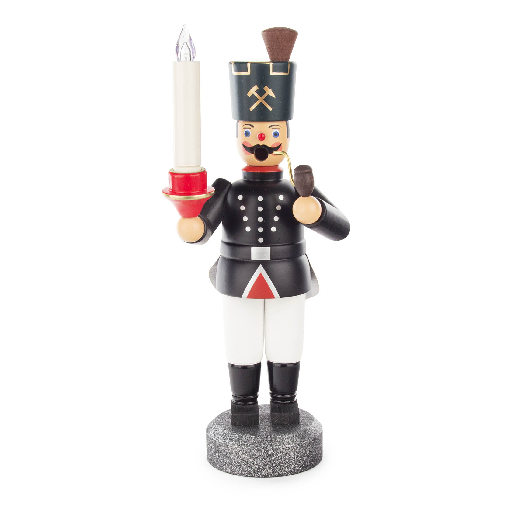 Holzfigur eines Bergmann-Räuchermanns in schwarz-weißer Uniform, mit Helm und Schnurrbart, hält einen Kerzenhalter mit einer weißen Kerze.