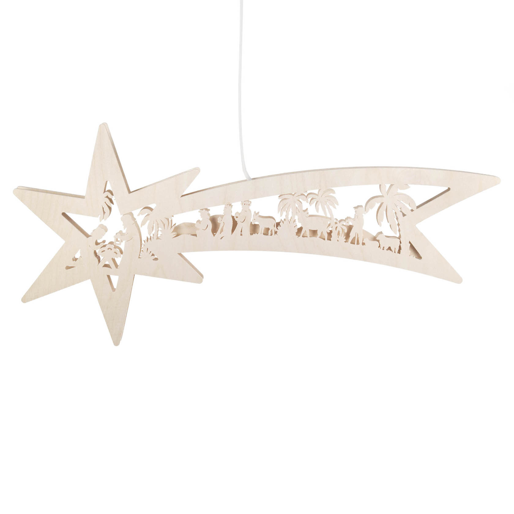 Holzfensterbild mit Sternschweif, zeigt die Szene der Christi Geburt, beleuchtet mit elektrischen Lichtern. im Dregeno Online Shop günstig kaufen