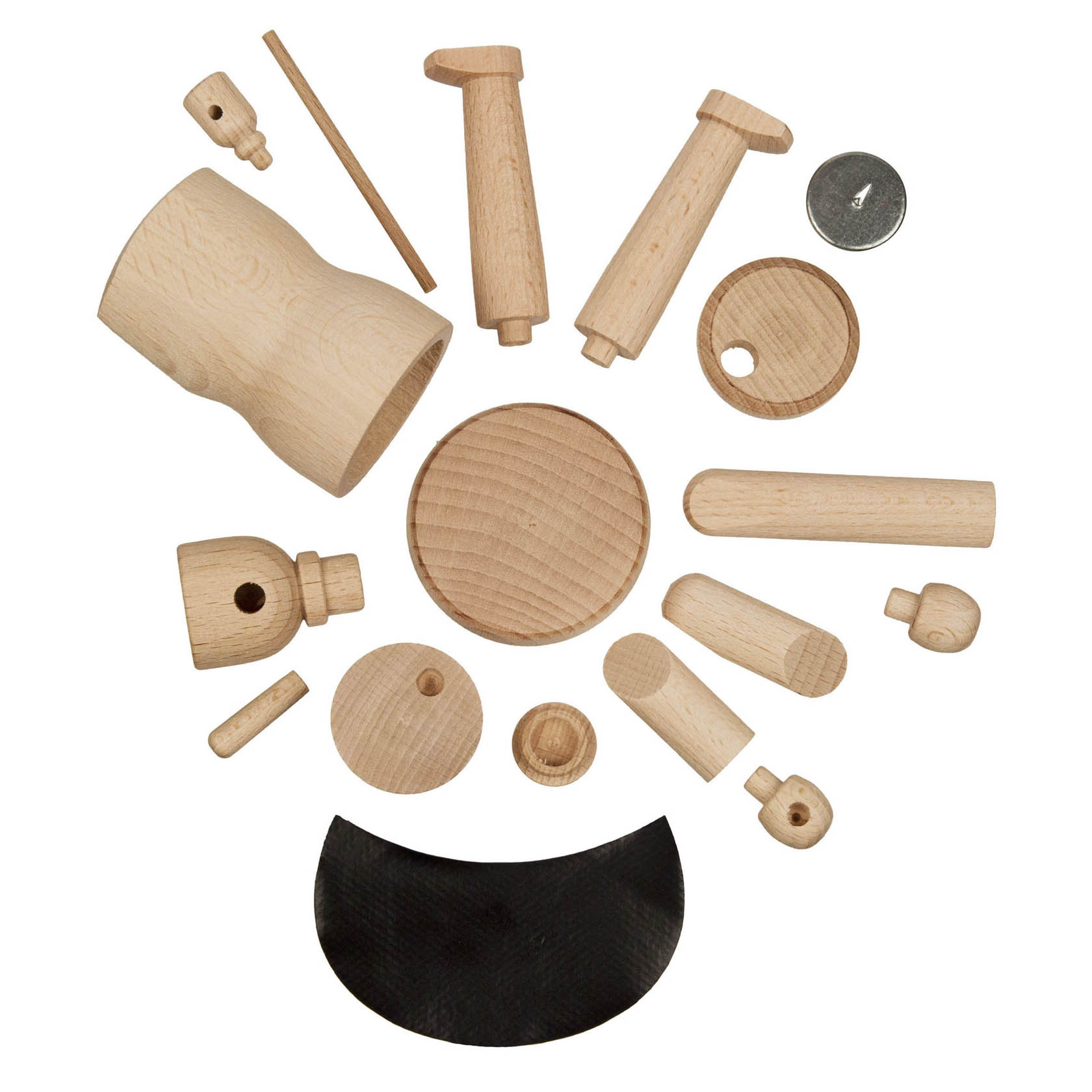 A wooden incense smoker kit with various parts including a base, body, arms, face, and small assembly pieces arranged on a white background.