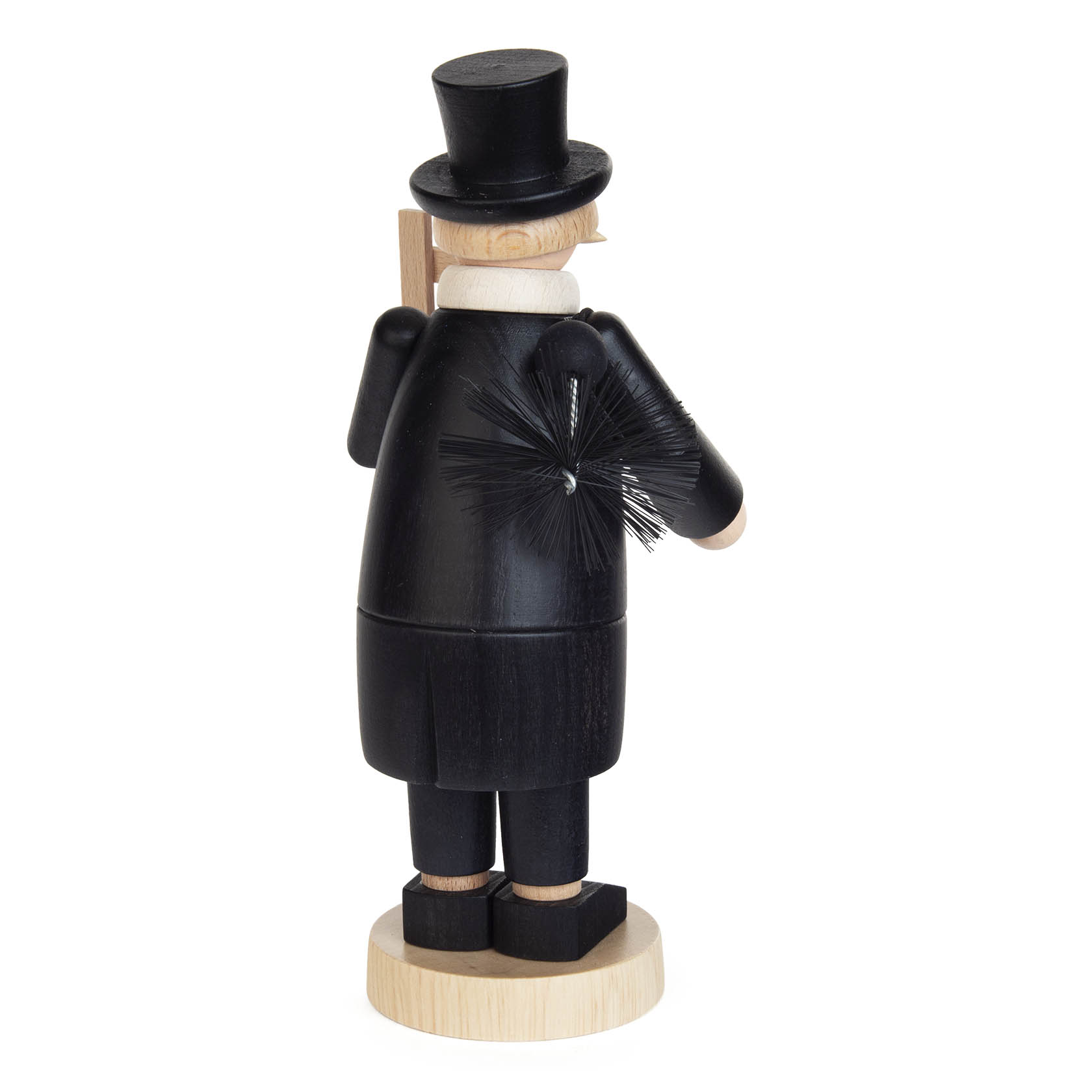 Wooden incense smoker figure of a chimney sweep, dressed in black with a top hat, holding a brush and ladder.
