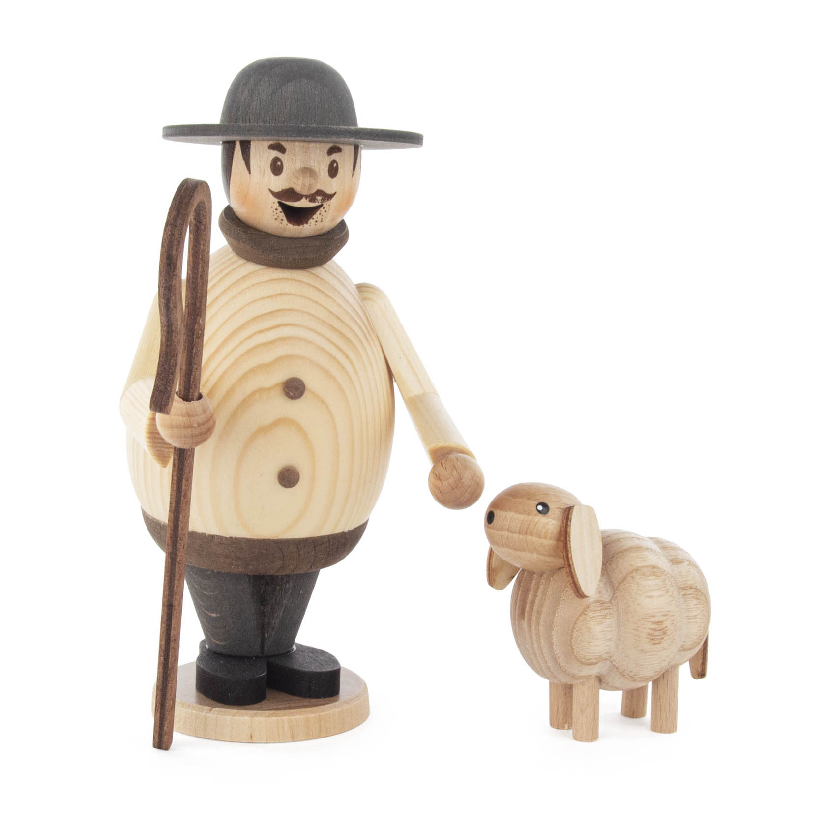 Holzfigur eines Räuchermännchens als Schäfer mit schwarzem Hut und Stab, steht neben einem kleinen hölzernen Schaf. im Dregeno Online Shop günstig kaufen