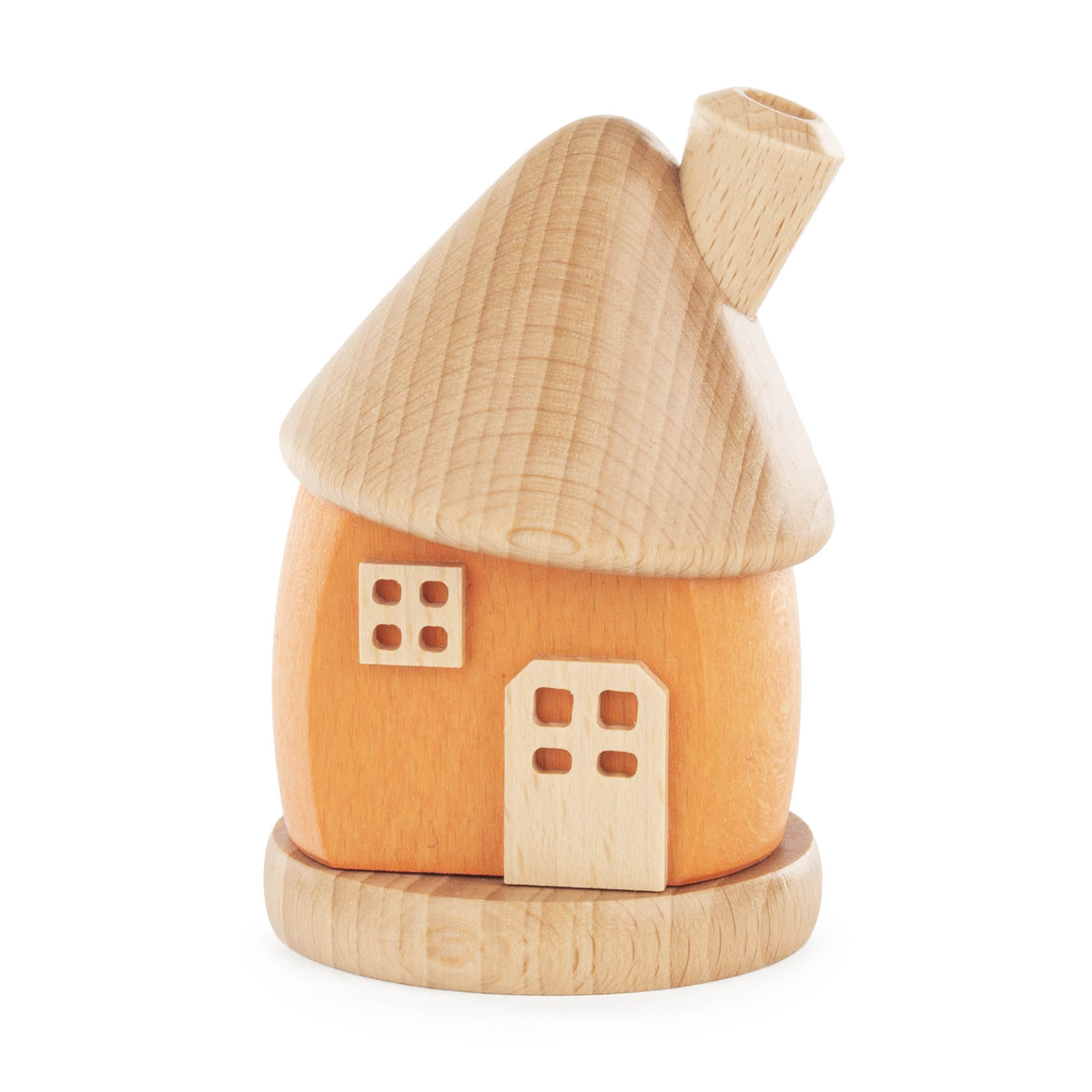 Small wooden incense smoker house with a round orange body, natural wood roof, and a chimney. Features one door and two windows. im Dregeno Online Shop günstig kaufen