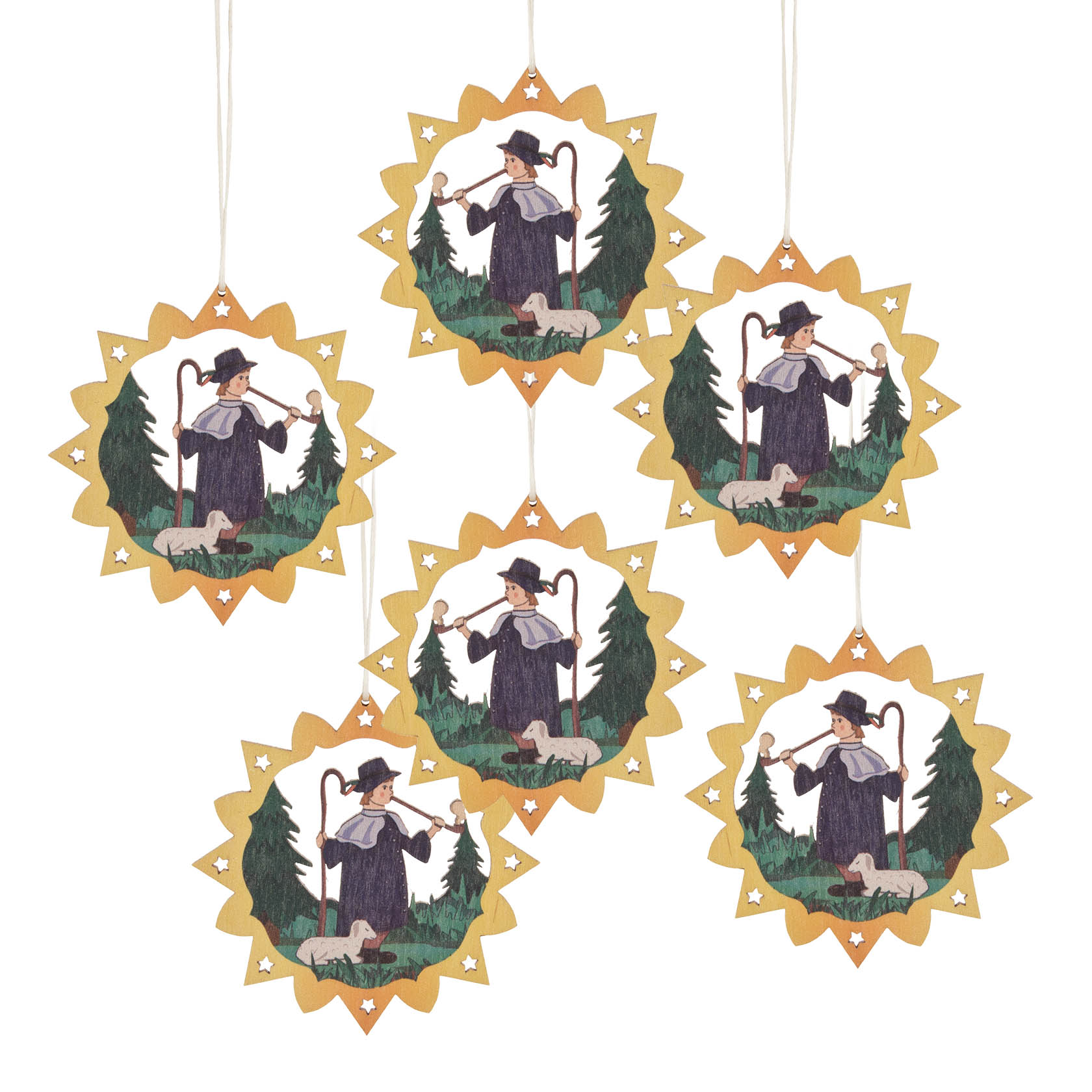 Sechs bunte, hängende Räuchermännchen in Form von Schäfern mit Schäferstab, in traditioneller Kleidung und Hut, auf rundem Ornament. im Dregeno Online Shop günstig kaufen
