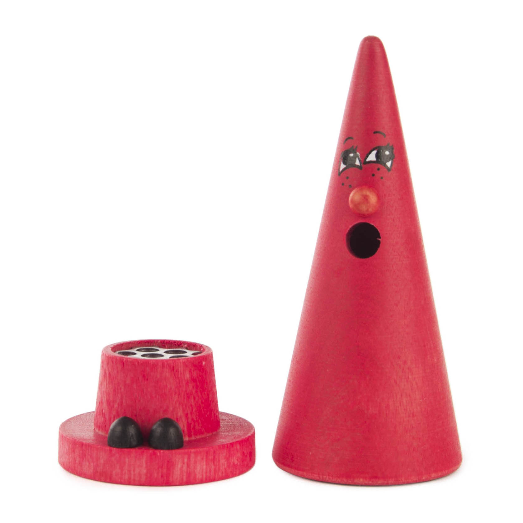 Räucherfigur Mini-Ziegenbein 'Romy Rose' mit spitzem roten Hut und aufgemaltem Gesicht neben passendem Räuchersockel.