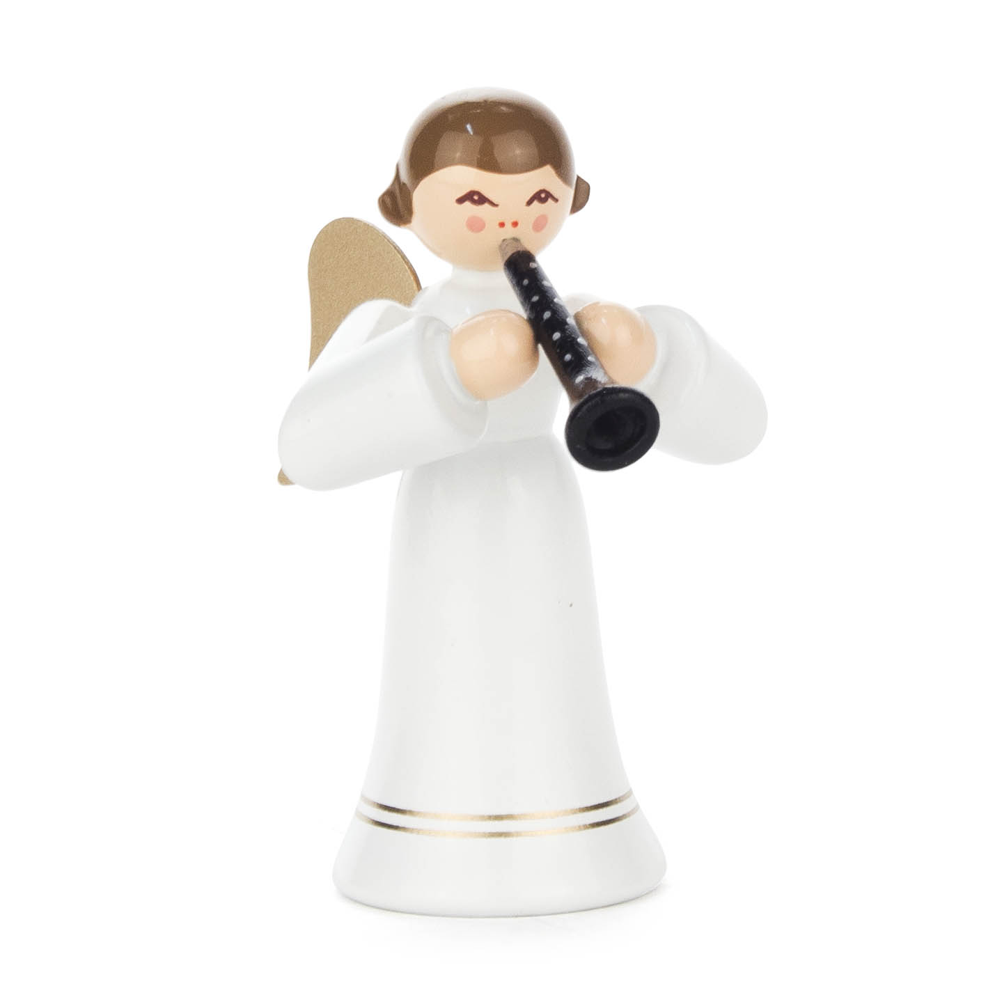 Ein Engel mit braunem Haar, der eine schwarze Klarinette spielt. Der Engel trägt ein langes weißes Kleid und hat goldene Flügel. im Dregeno Online Shop günstig kaufen